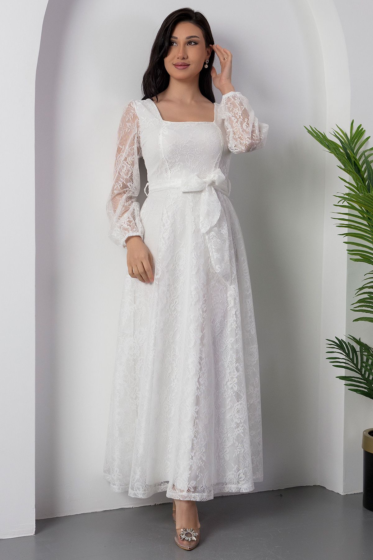 PULLIMM-Square Neck Lace Dress with Belt Ap-0222 6