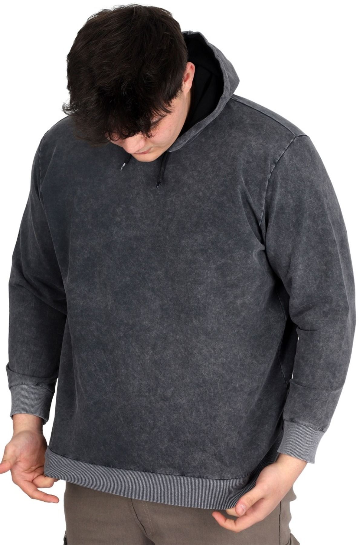 ModeXL-Men's Hooded Sweatshirt - Mode Xl, Plus Size, Acid Wash Interlock U24167 Antramelange 2