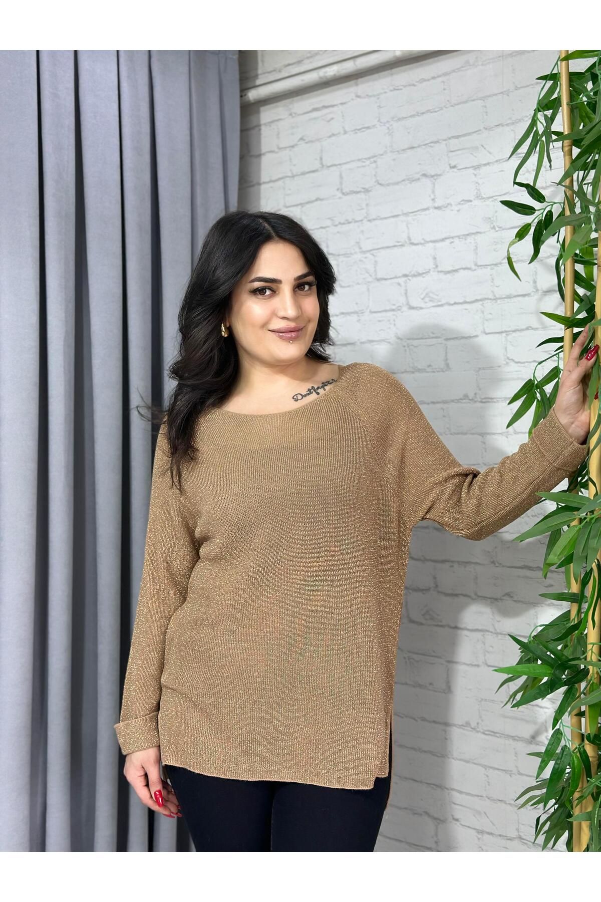 Aysel Boutiquee Rue Camel Bisiklet Yaka Kollar Katlamalı Triko Bluz A030