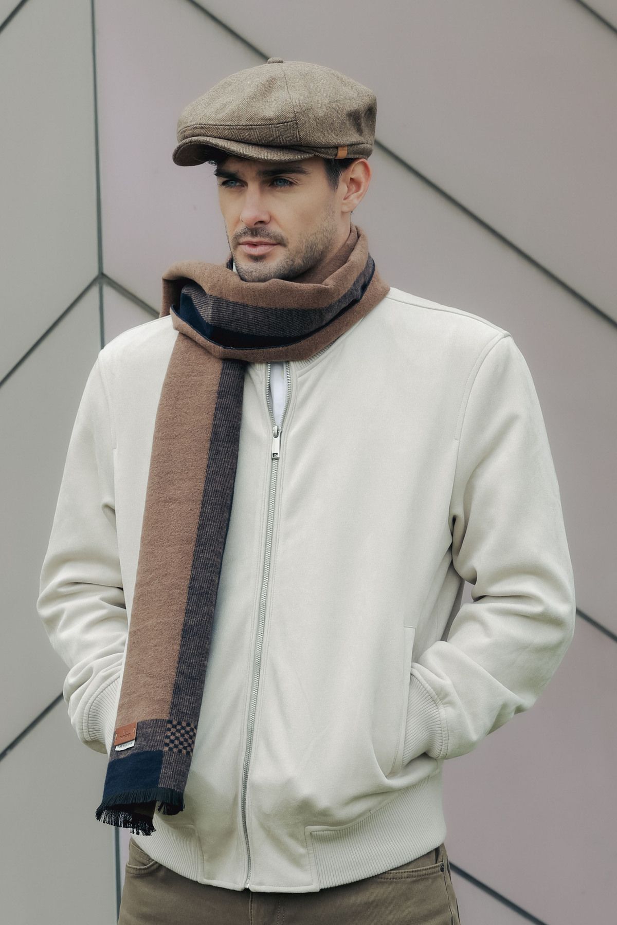 Nordbron-Men's Camel Soft Textured Seasonal Cap Plaid Patterned Comfortable Plain Basic Model Leymond 3