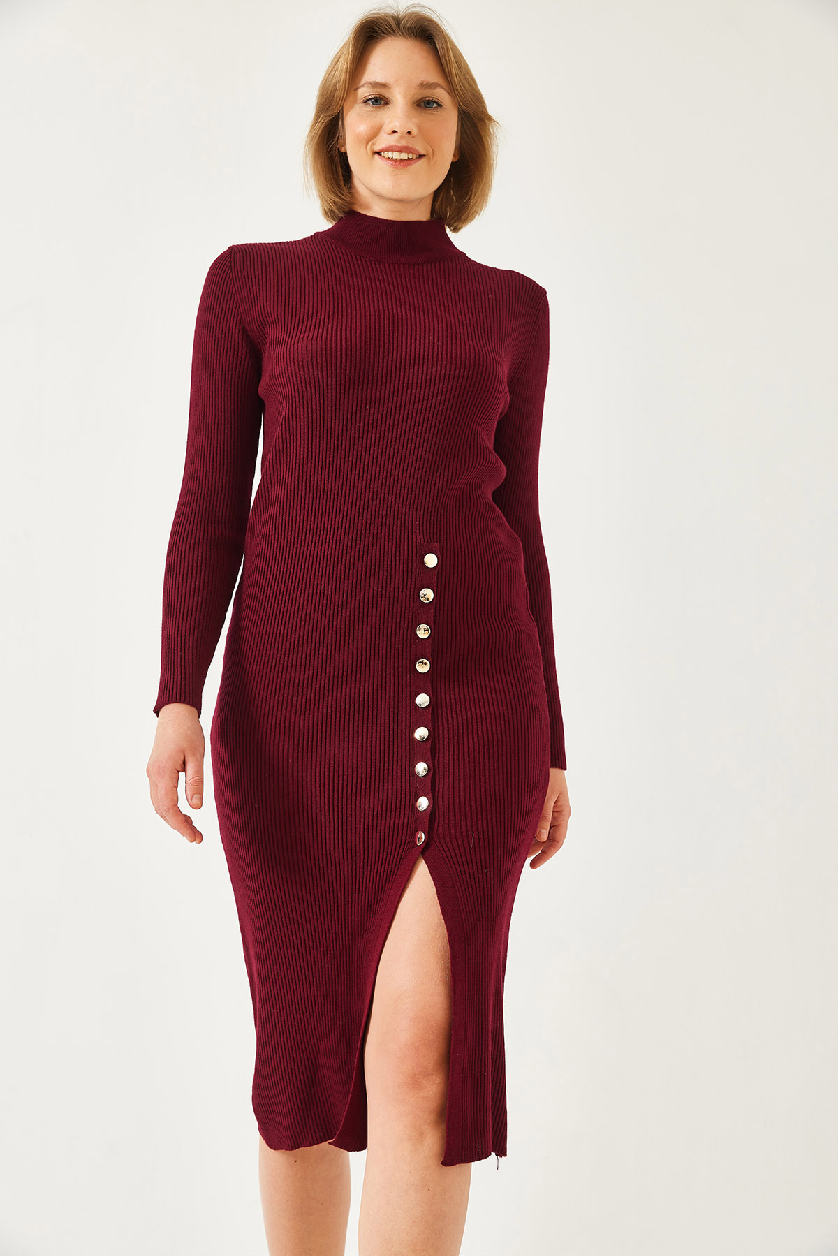 LUCCI Ribbed Textured Turtleneck Midi Knitted Dress 4