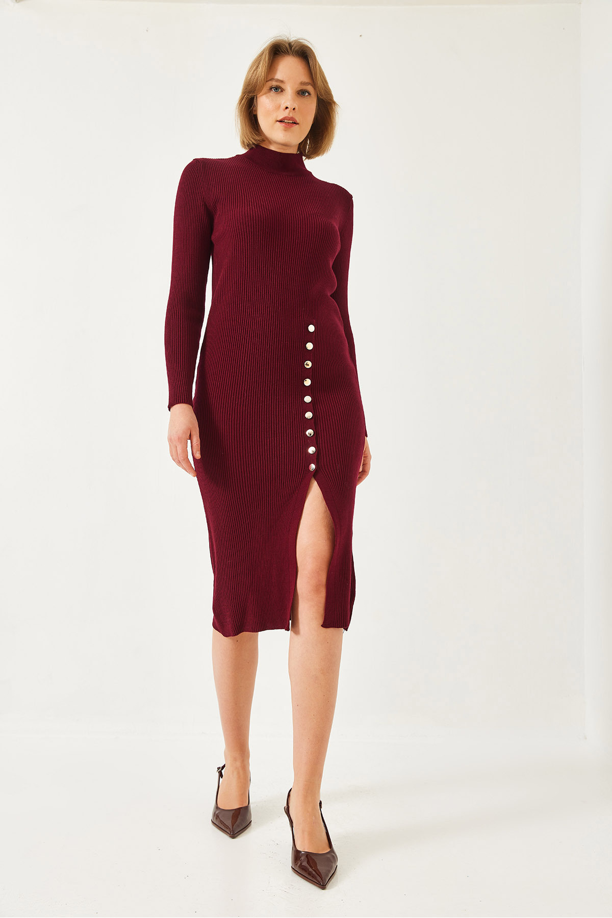 LUCCI Ribbed Textured Turtleneck Midi Knitted Dress 3