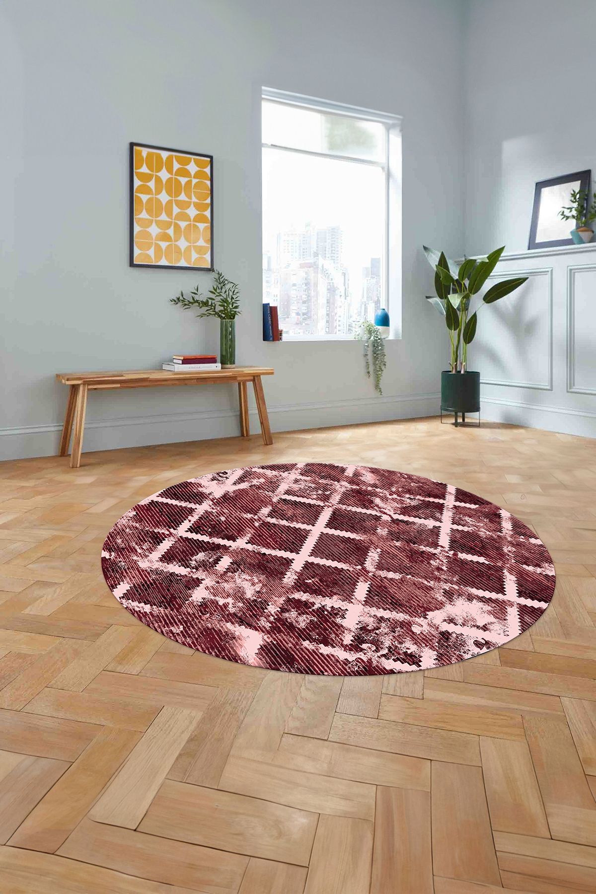 Napoli Home Dijital Baskılı Sade Kilim Desenli Yıkanabilir Kaymaz Yuvarlak Mutfak Salon Halısı, SADE-Y-54-BORDO,