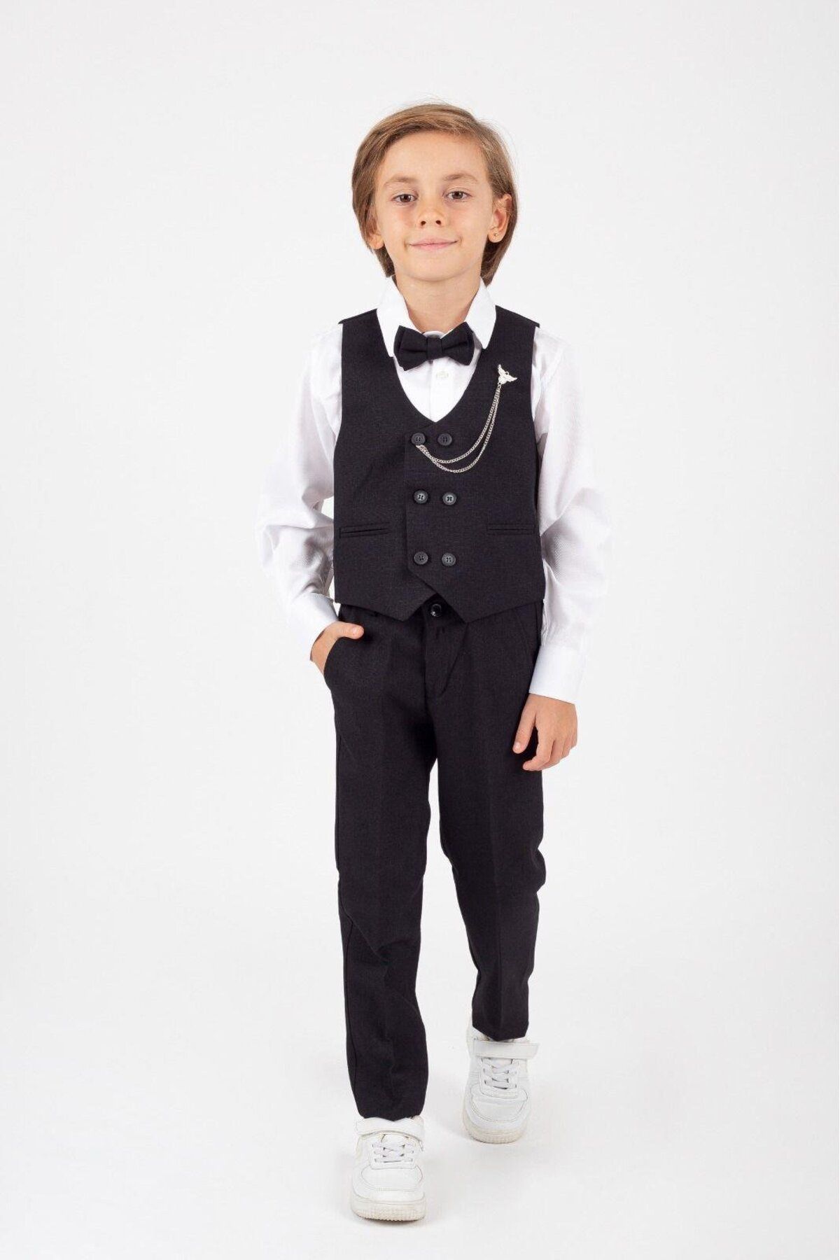 Magu-Black Kids Suit Stylish Design Tuxedo with Bow Tie Vest 1