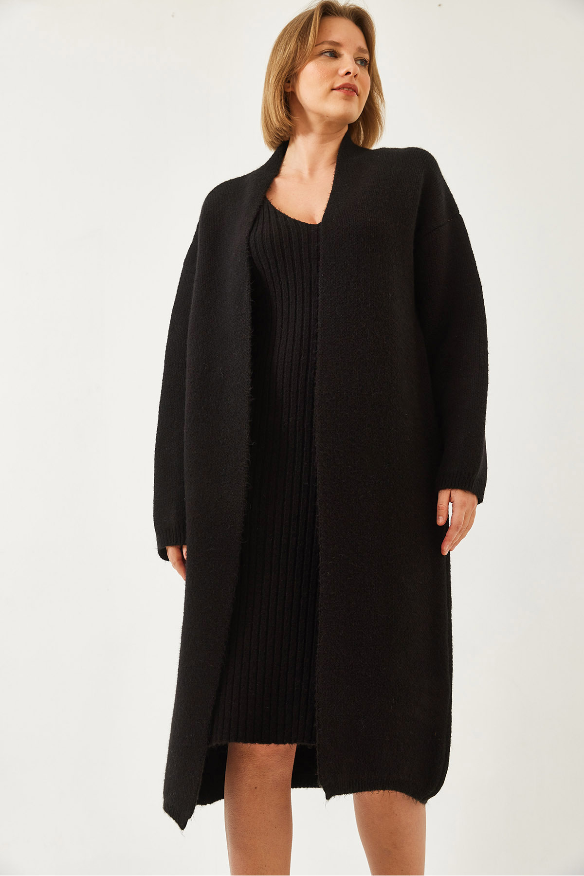 LUCCI Textured Knitwear V-Neck Cardigan-Dress Two-Piece Set 3