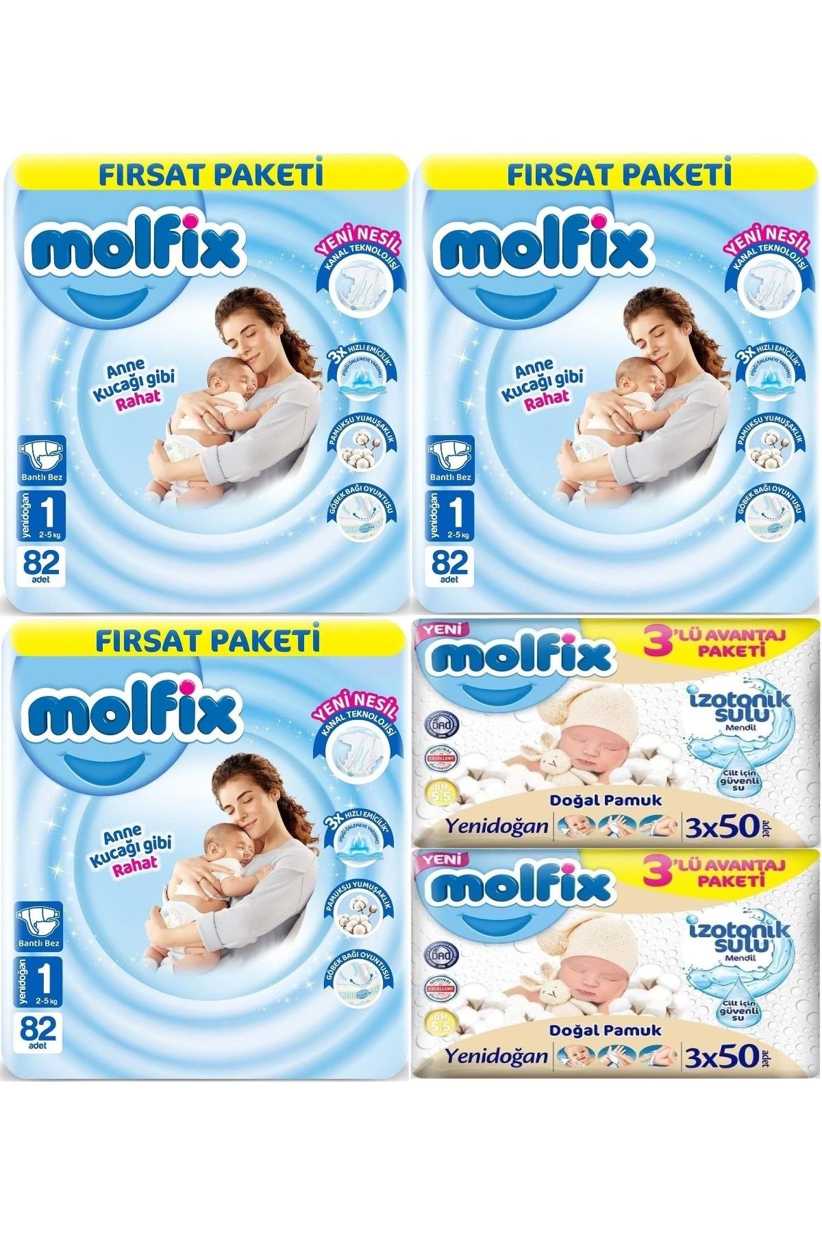 Molfix Bebek Bezi Beden:1 (2-5KG) Yeni Doğan 246 Adet Aylık Fırsat Pk 6 Adet Islak Mendil