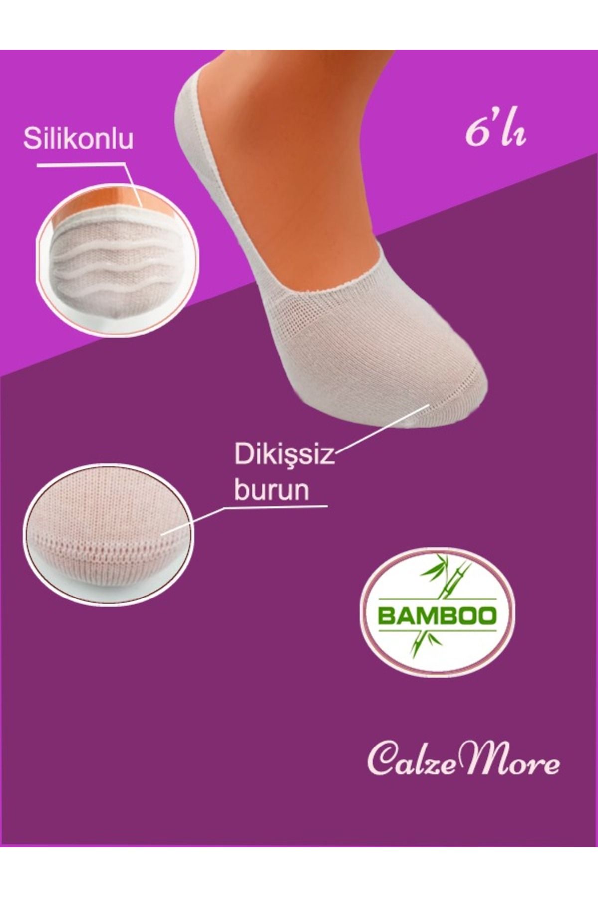 CALZEMORE SİLİKONLU KAYDIRMAZ DİKİŞSİZ PARFÜMLÜ KADIN BEYAZ BAMBU BABET 6 ÇİFT