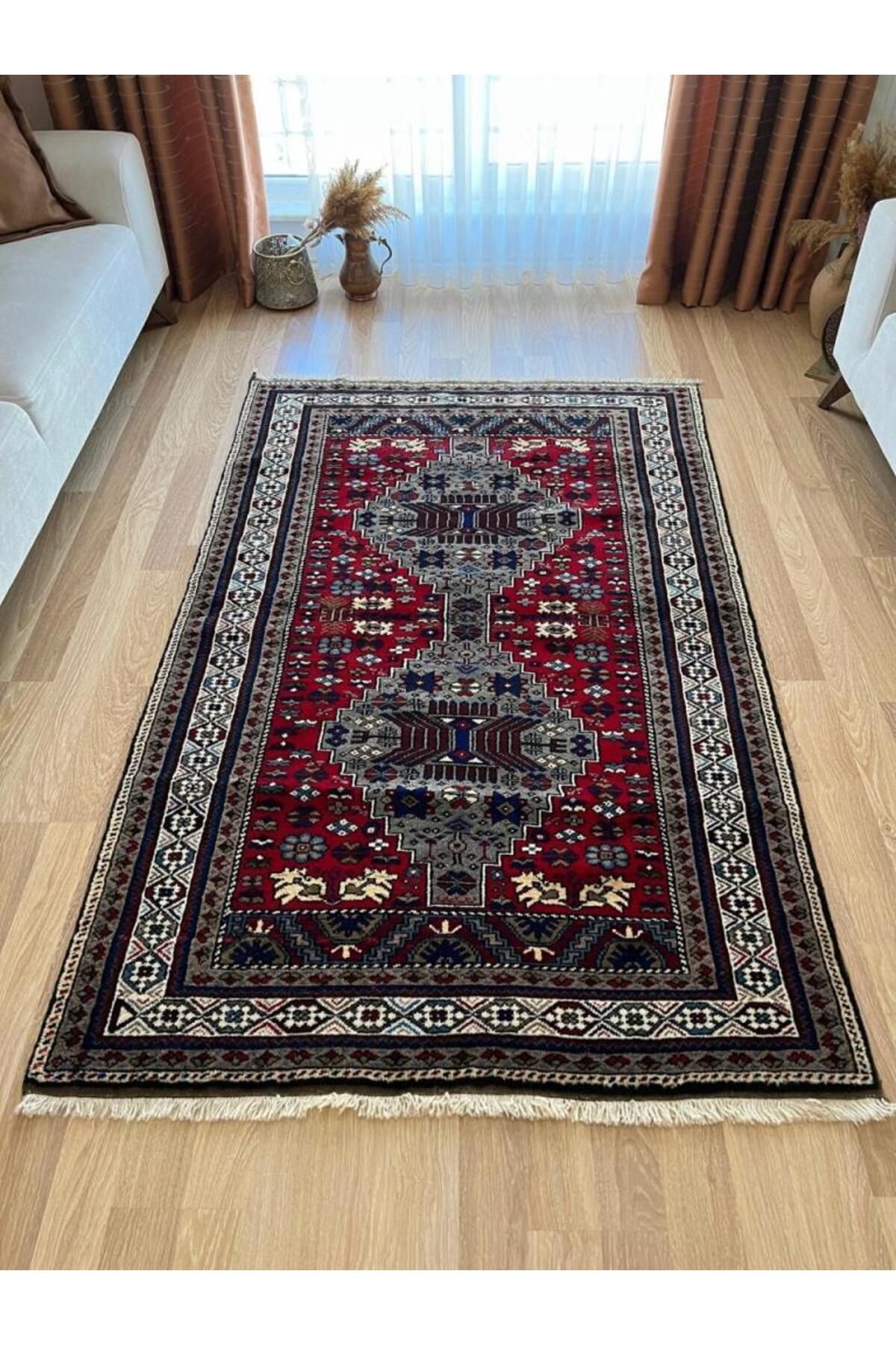 DesignEv 133x205 cm Güneybatı Tarzı El Dokuma Halı, Kırmızı-Gri, Antik Geometrik Çiçek Desenli, Vintage Türk