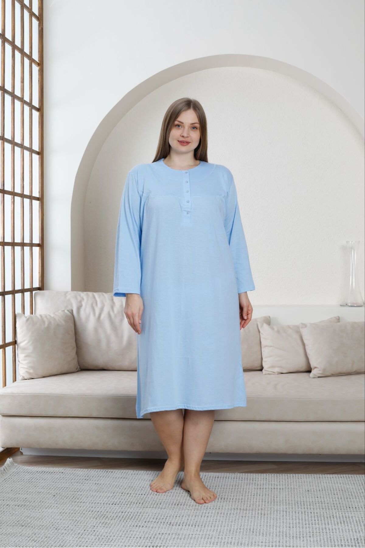 enmodaiçgiyim-Blue 100% Cotton Long Sleeve Mother Nightgown 3