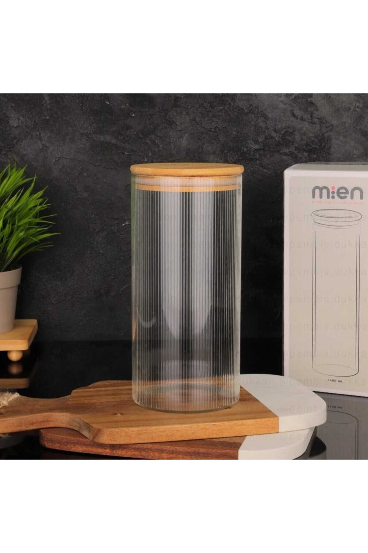 MİEN Bambu Kapaklı Yuvarlak Cam Kavanoz 1400 ml BOR003