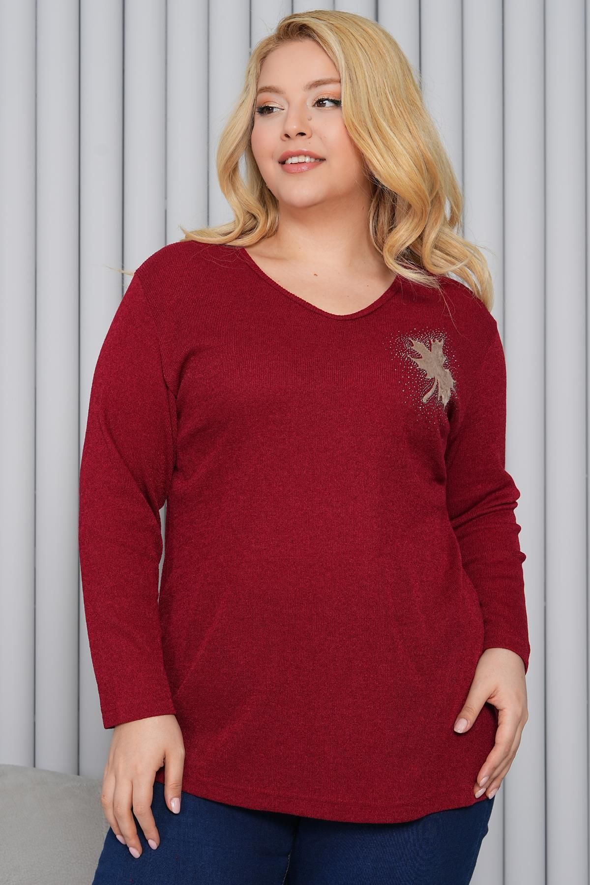 Siyezen-Plus Size Leaf Stone Printed Sweater 7