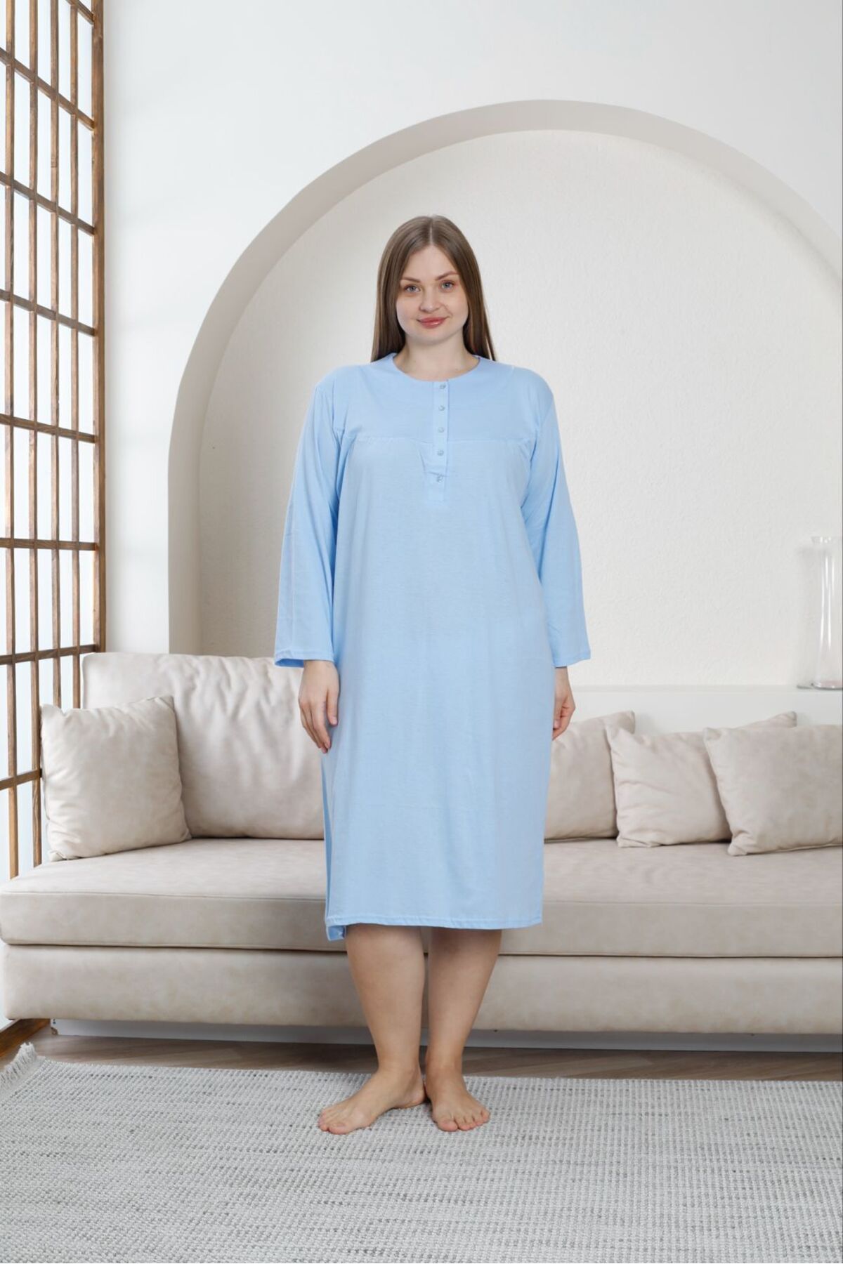 enmodaiçgiyim-Blue 100% Cotton Long Sleeve Mother Nightgown 6