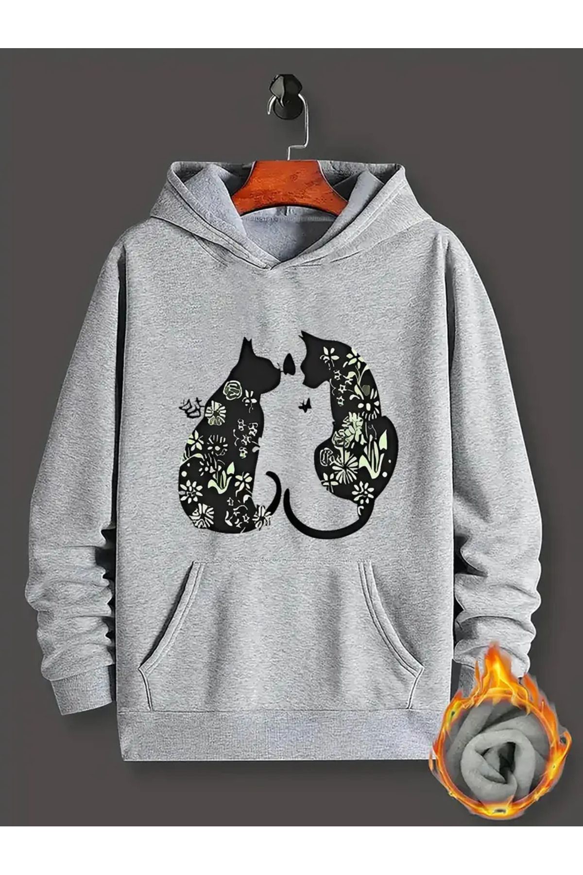 Nebulaa Tekstil NEBULAA Çiçekli Kedi Baskılı Kanguru Cebi Hoodie - Uzun Kollu XXS-7XL