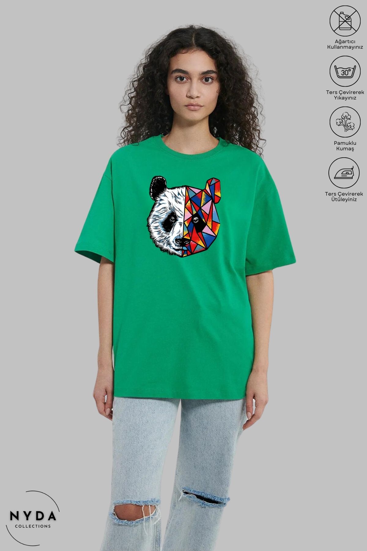 Nyda Collections Unisex Bisiklet Yaka Renkli Panda Baskılı Pamuk Oversize Kısa Kollu Tişört