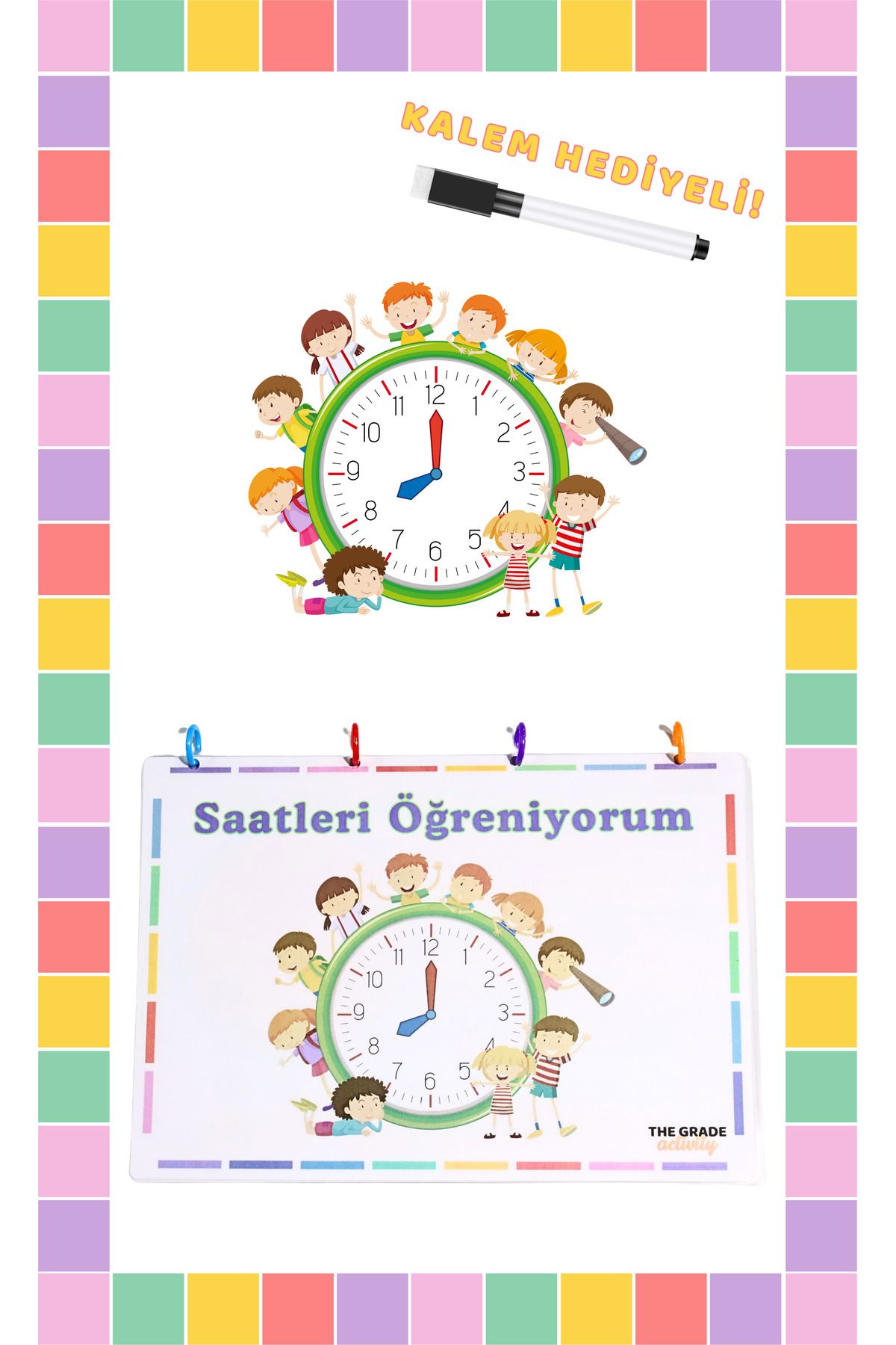 The Grade 2-6 Yaş Yaz-Sil Saatleri Öğreniyorum Eğlenceli ve Eğitici Set (12 Sayfa-A4 boyutunda)