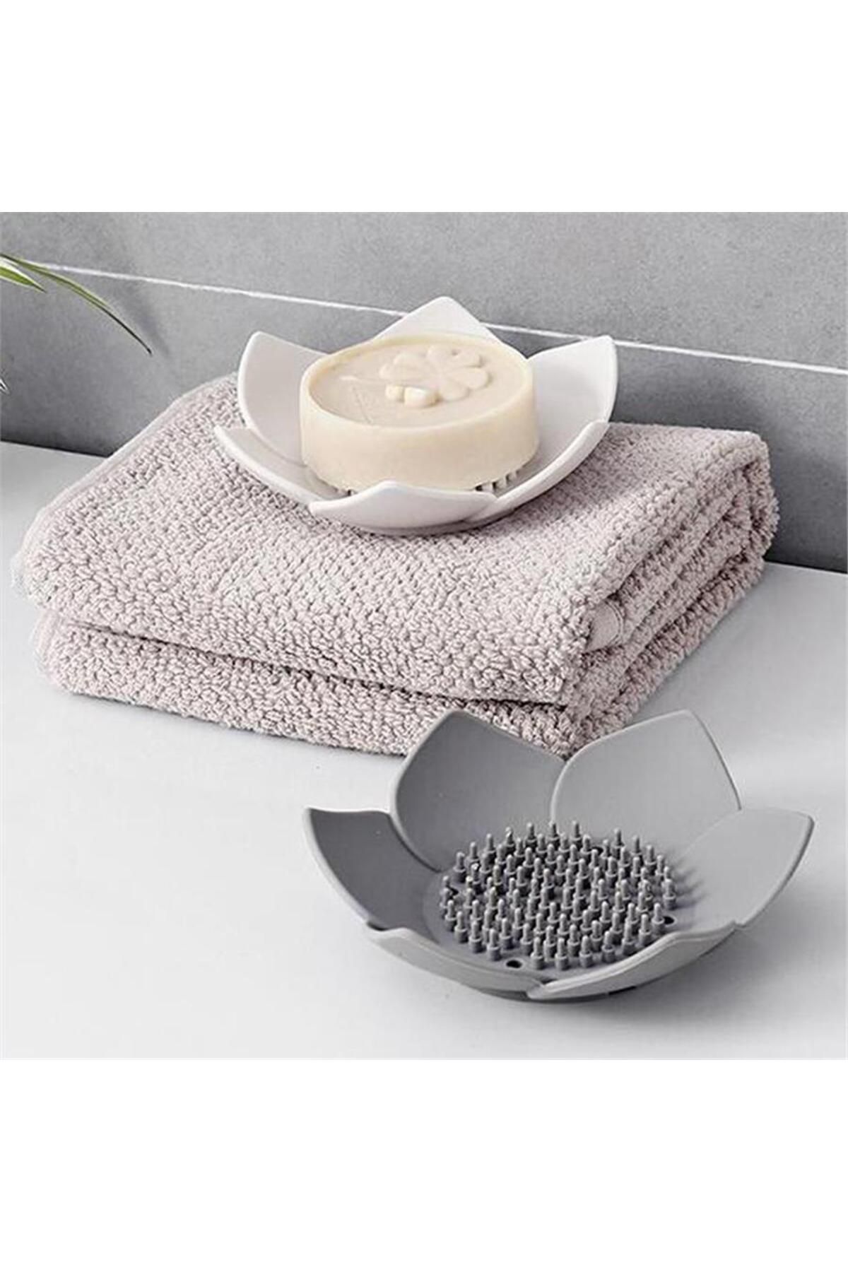 omilife-Silicone Gray Lotus Patterned Soap and Sponge Holder - Stylish Solid Soap Dispenser with Water Drain 4