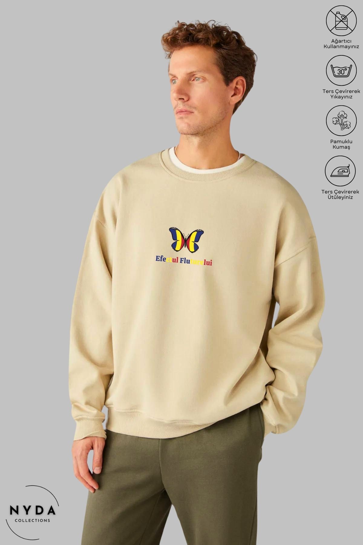 Nyda Collections Unisex Romania Efectul Fluturelui Baskılı Bisiklet Yaka Kapüşonsuz Şardonlu Oversize Sweatshirt