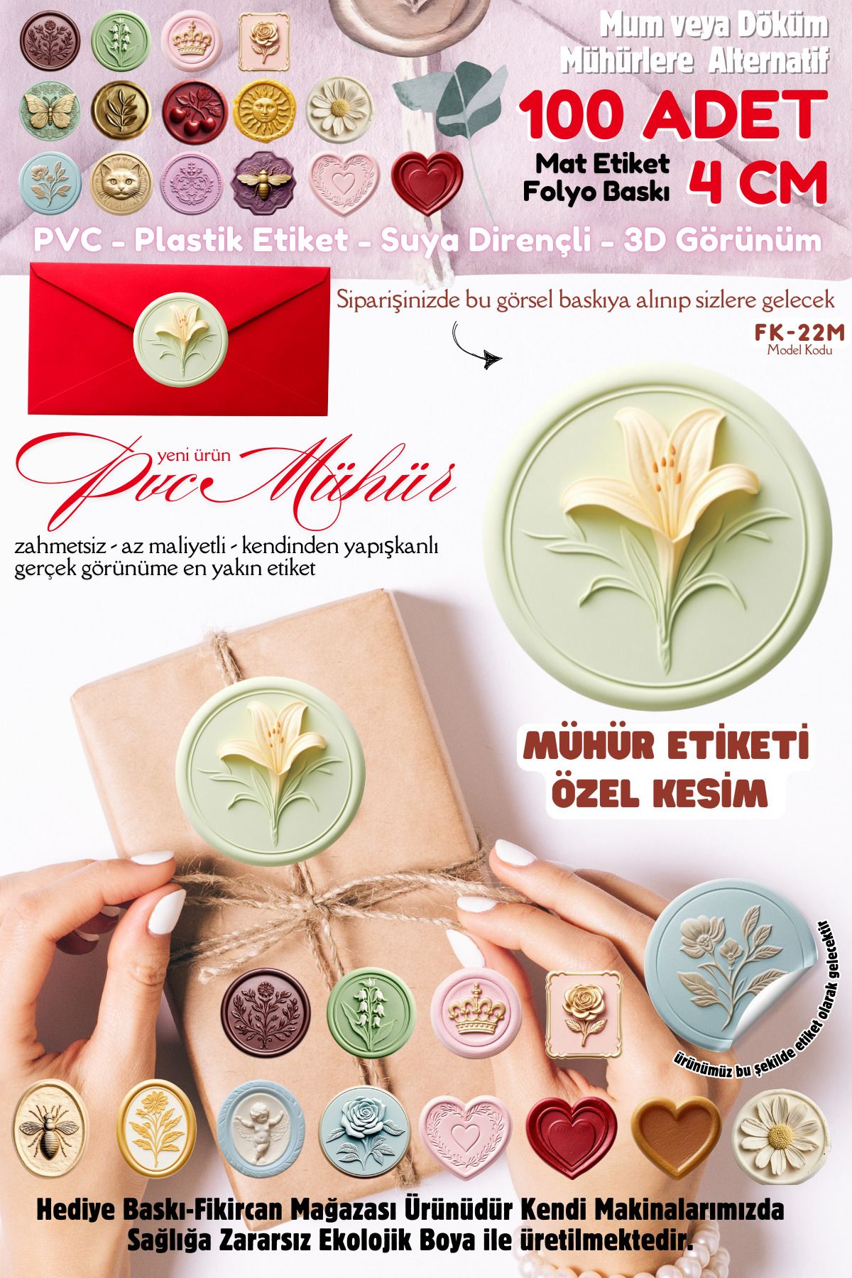 FİKİRCAN MÜHÜR ETİKETİ 100 Adet Kokusuz Ekolojik Mürekkep PVC ETİKET 4 CM MUM VE DÖKÜM ALTERNATİF