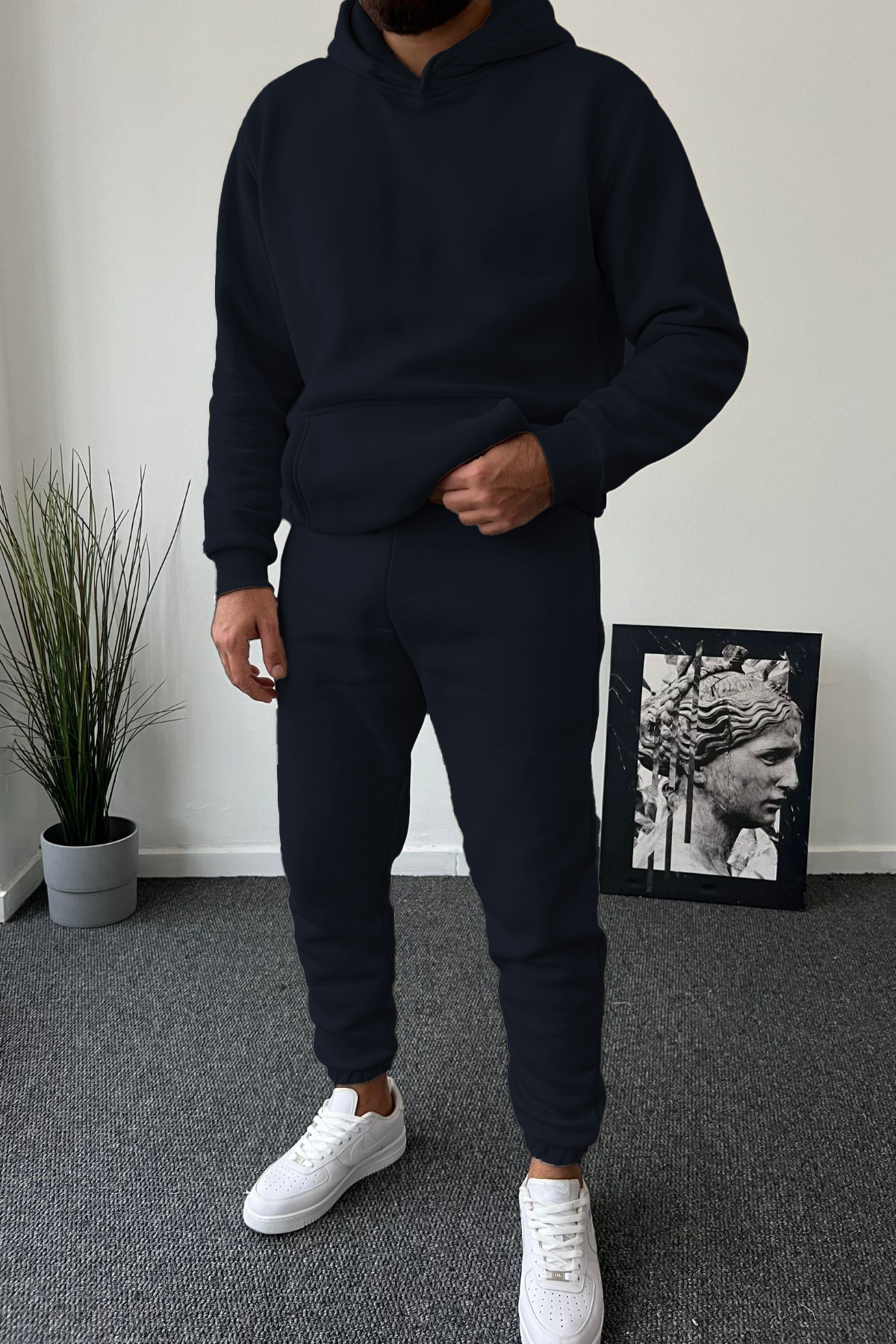 Men's Raised Oversized Kangaroo Pocketed Leg Elastic Tracksuit - Homewear