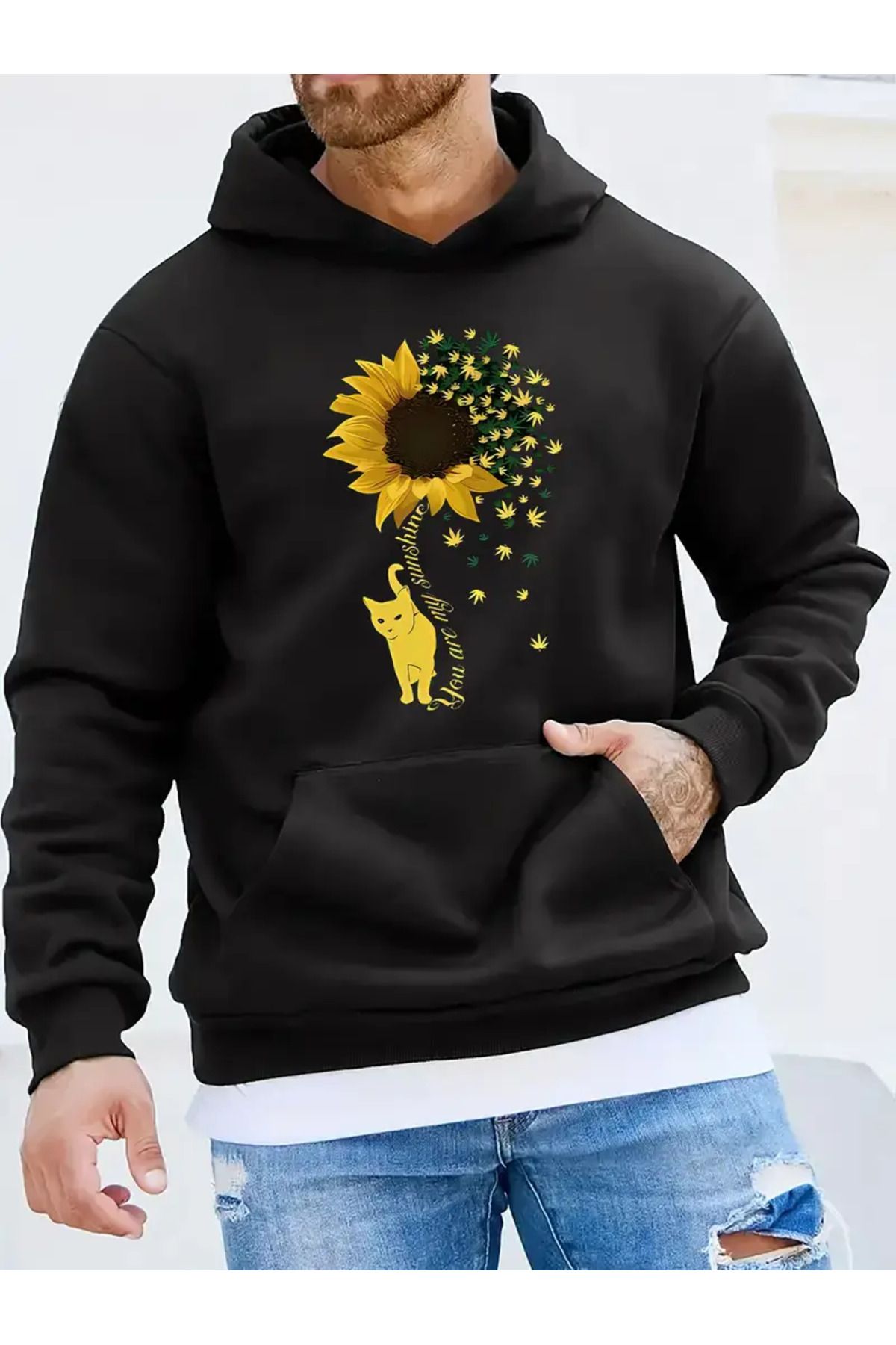 Guillermo GRAMIX Erkek Rahat Ayçiçeği Kedi Baskılı Kapüşonlu Sweatshirt,