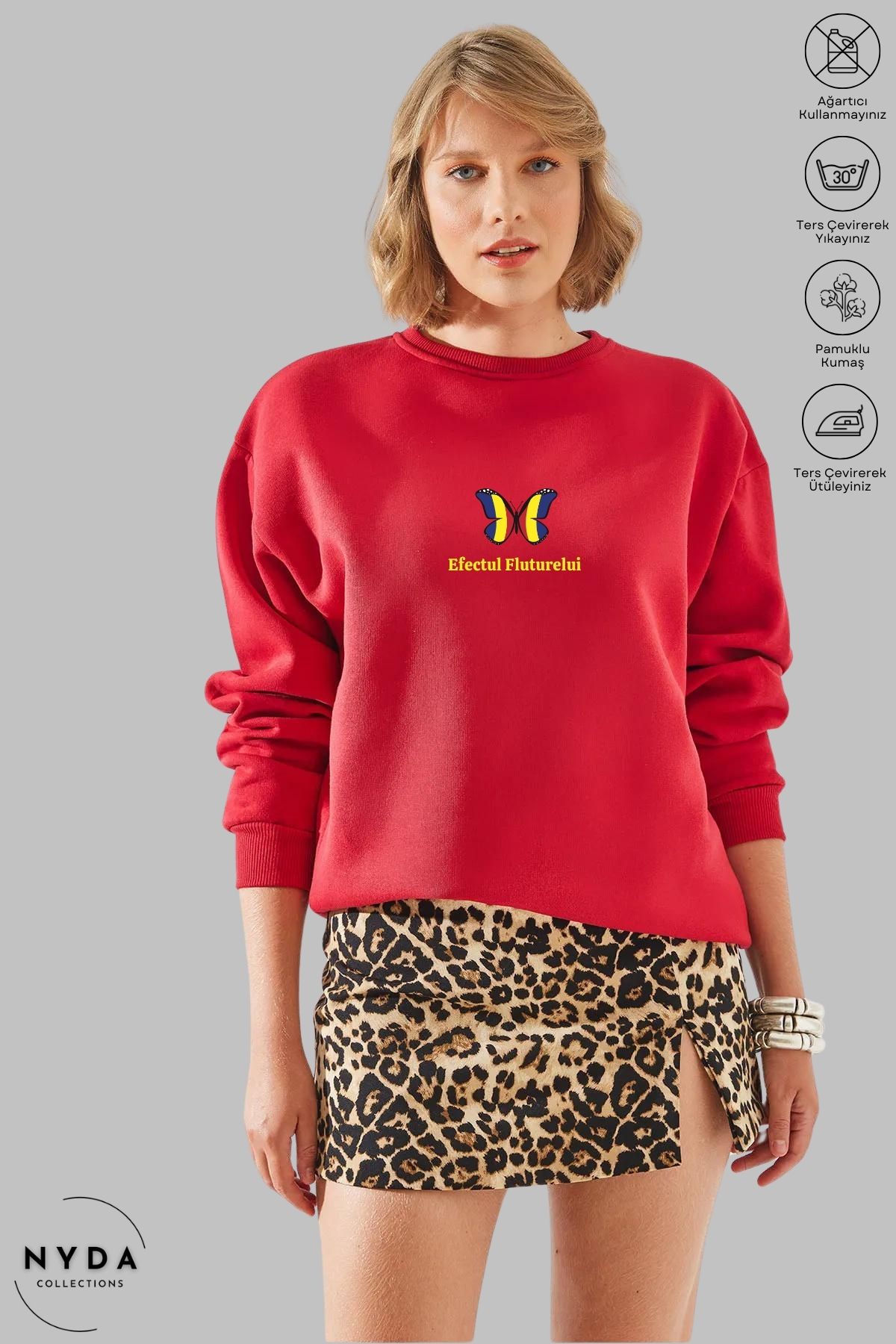 Nyda Collections Unisex Romania Efectul Fluturelui Baskılı Bisiklet Yaka Kapüşonsuz Şardonlu Oversize Sweatshirt