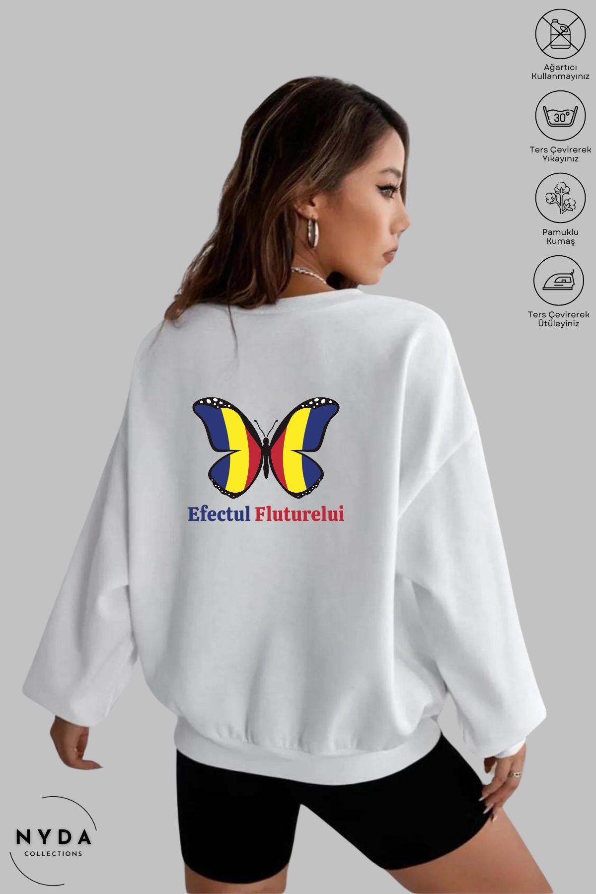 Nyda Collections Unisex Romania Efectul Fluturelui Baskılı Bisiklet Yaka Kapüşonsuz Şardonlu Oversize Sweatshirt