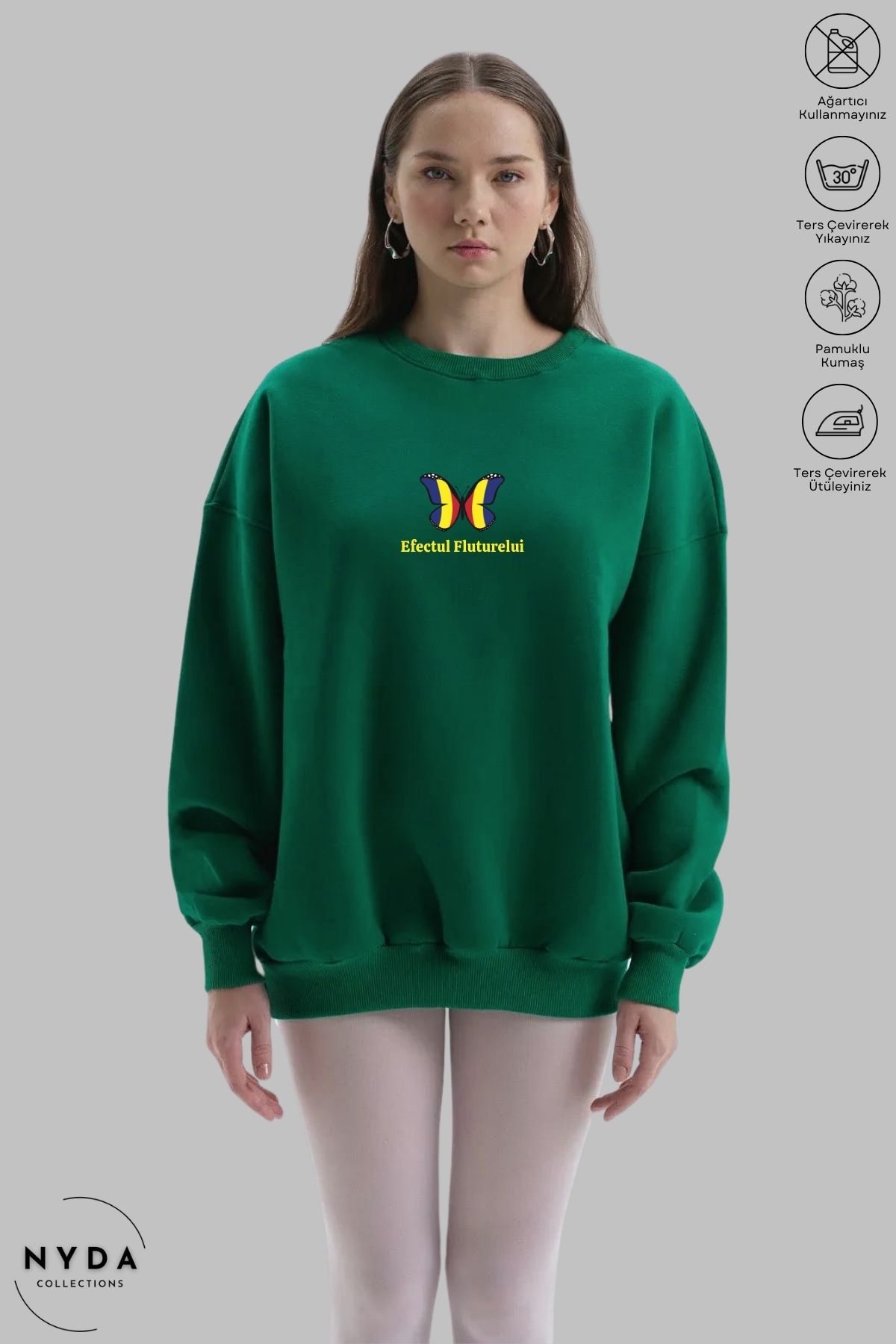 Nyda Collections Unisex Romania Efectul Fluturelui Baskılı Bisiklet Yaka Kapüşonsuz Şardonlu Oversize Sweatshirt