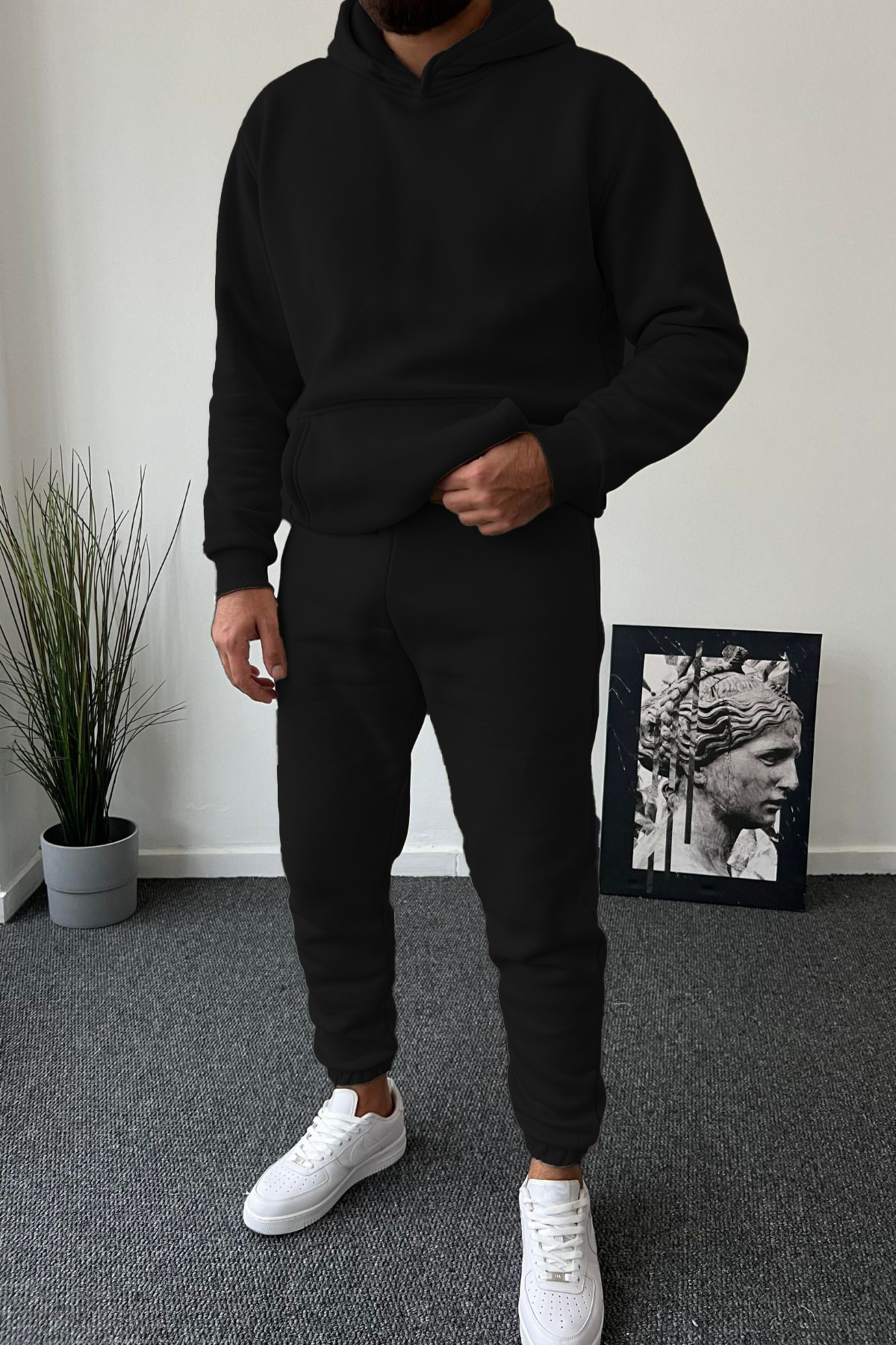Men's Raised Oversized Kangaroo Pocketed Leg Elastic Tracksuit - Homewear