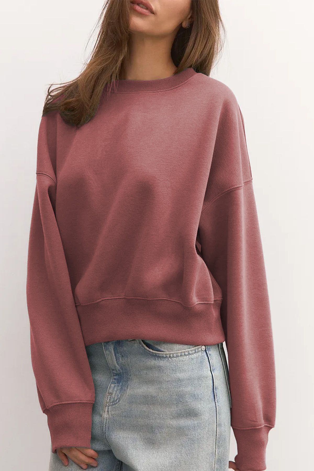 COMBİNE MİCHAİL Kadın Gül Kurusu Basic Crop Kesim Sweatshirt