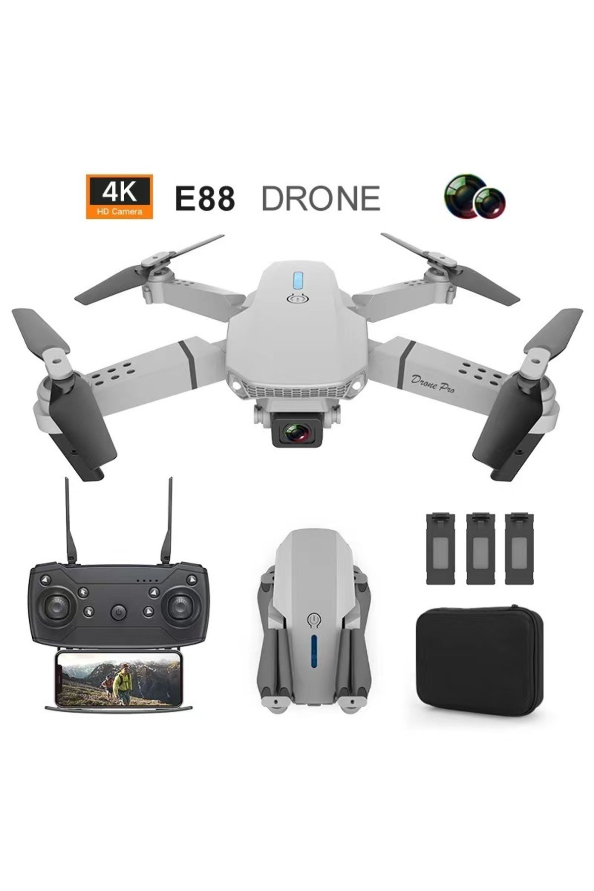 Genel Markalar E88 Drone 4k Hd Çift Kameralı Drone App Kontrol Wifi Li Katlanabilir Quatcopter