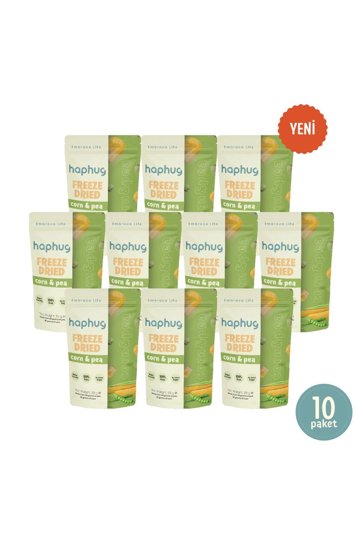 HapHug 10'lu Paket Freeze Dried Bezelye & Mısır - Dondurularak Kurutulmuş Bezelye & Mısır 30g x 10