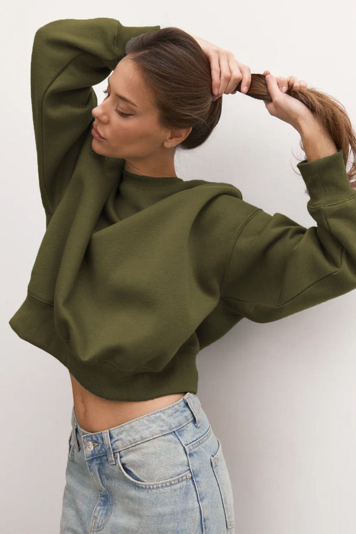 COMBİNE MİCHAİL Kadın Haki Basic Crop Kesim Sweatshirt