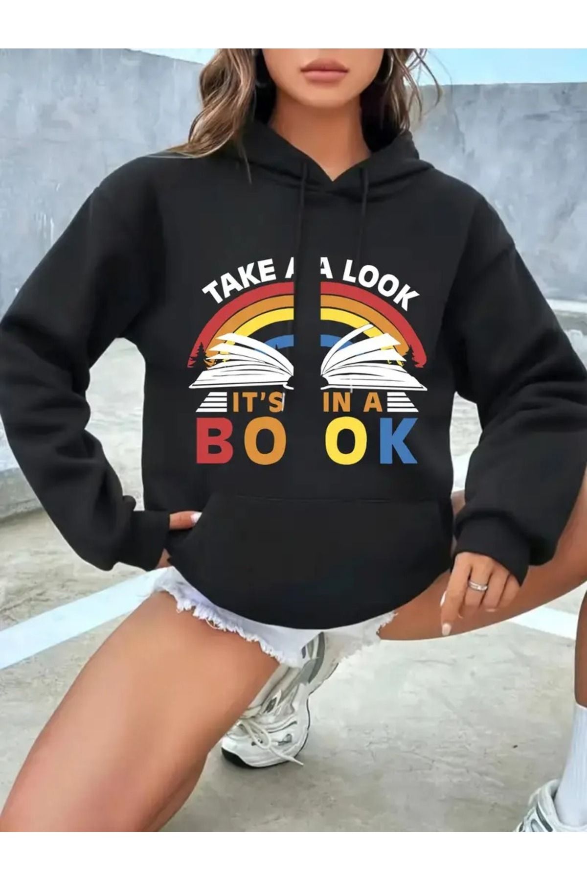 Demacia Kadın Siyah Take a Book Baskılı Kapüşonlu Hoodie Sweatshirt