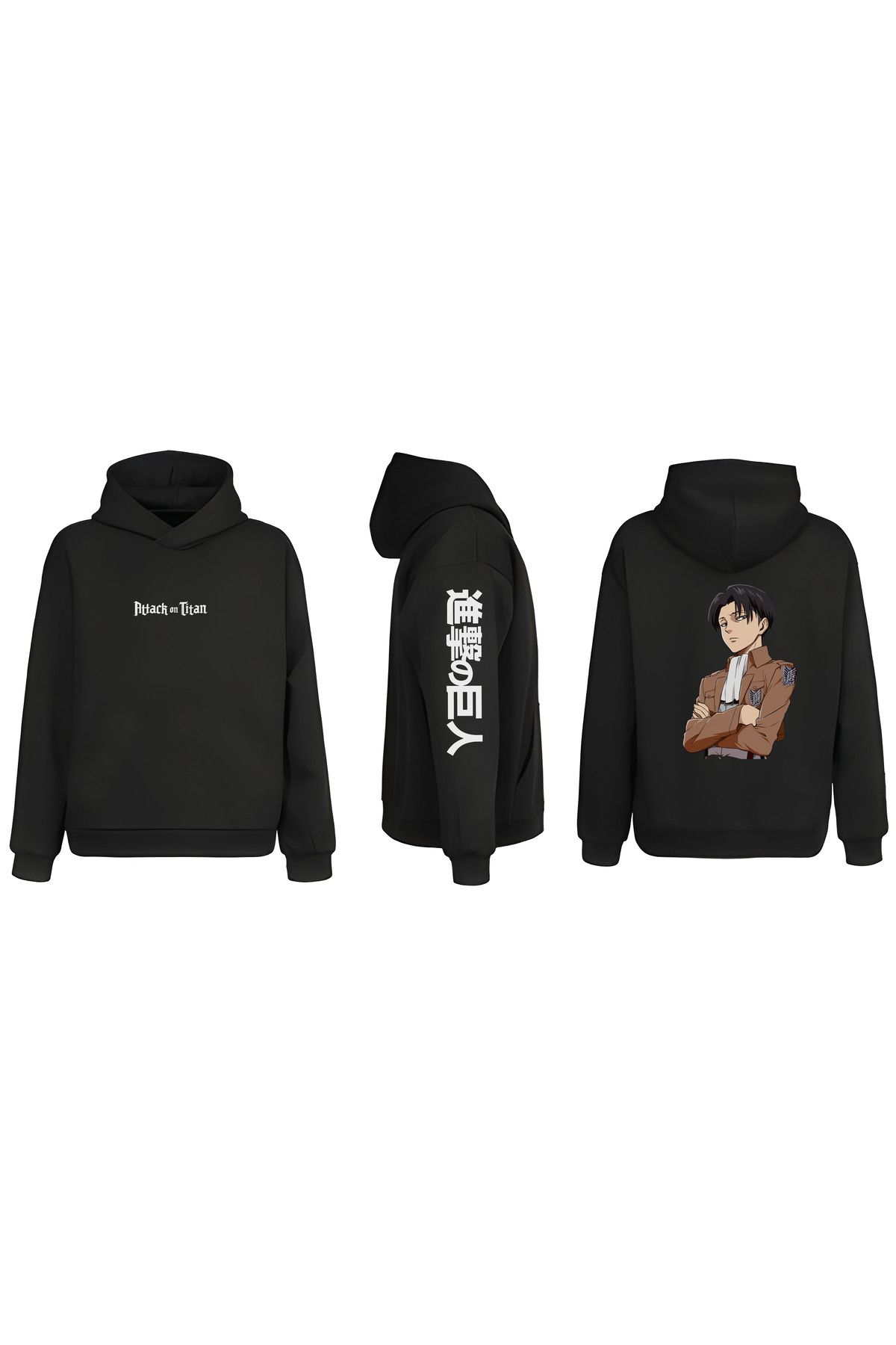 sielta Anime Attack on Titan Levi Kol Baskılı Çift Taraflı Kapşonlu Unisex Siyah Sweathsirt Hoodie