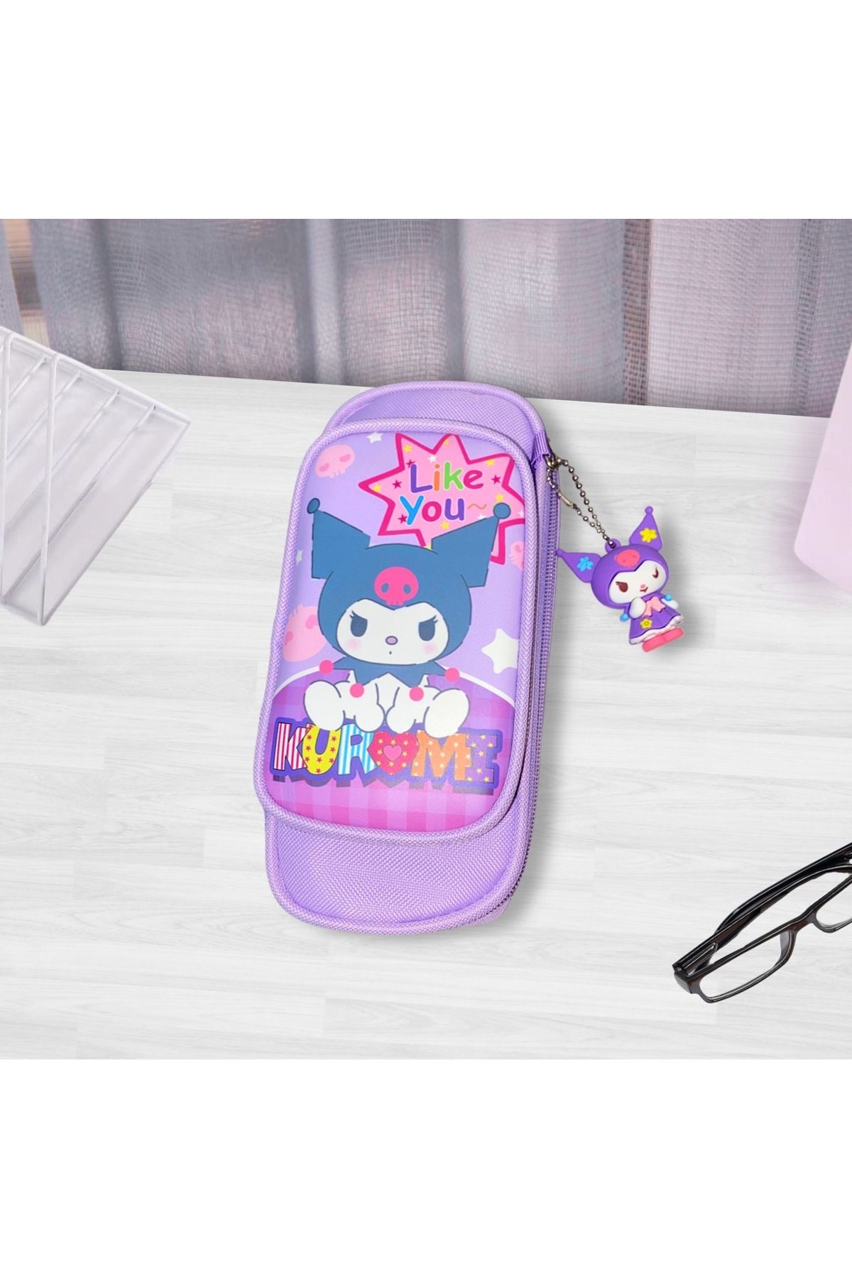 Kawai Sanrio Kuromi Çift Bölmeli Charmlı Kalemlik Kalem Kutu