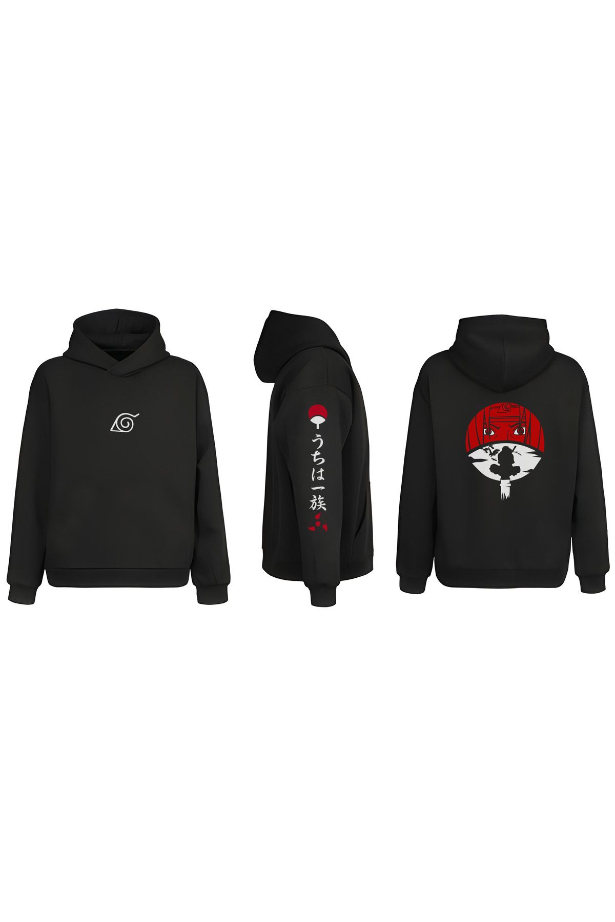 sielta Anime Naruto Uzumaki Kol Baskılı Çift Taraflı Kapşonlu Unisex Siyah Sweathsirt Hoodie