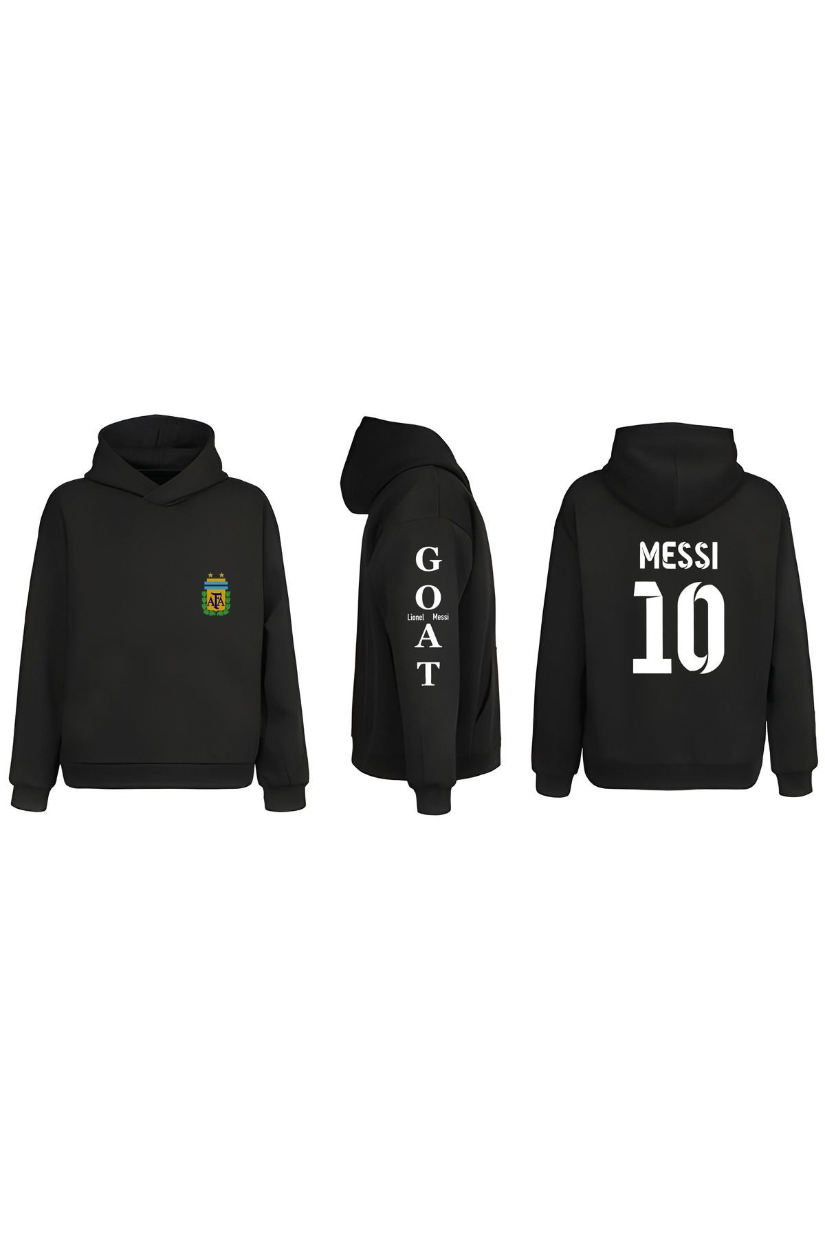 sielta Arjantin Goat Messi Kol Baskılı Çift Taraflı Kapşonlu Unisex Siyah Sweathsirt Hoodie