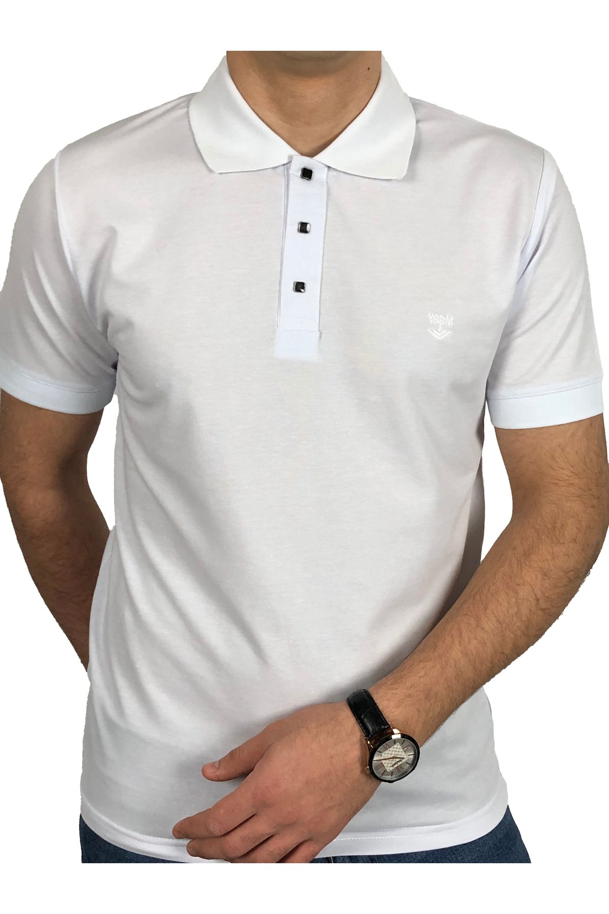 YSBM Erkek Beyaz Kıvrılmaz Polo Yaka Pamuklu Pike Dokulu Rahat Regular Fit T-shirt 8493