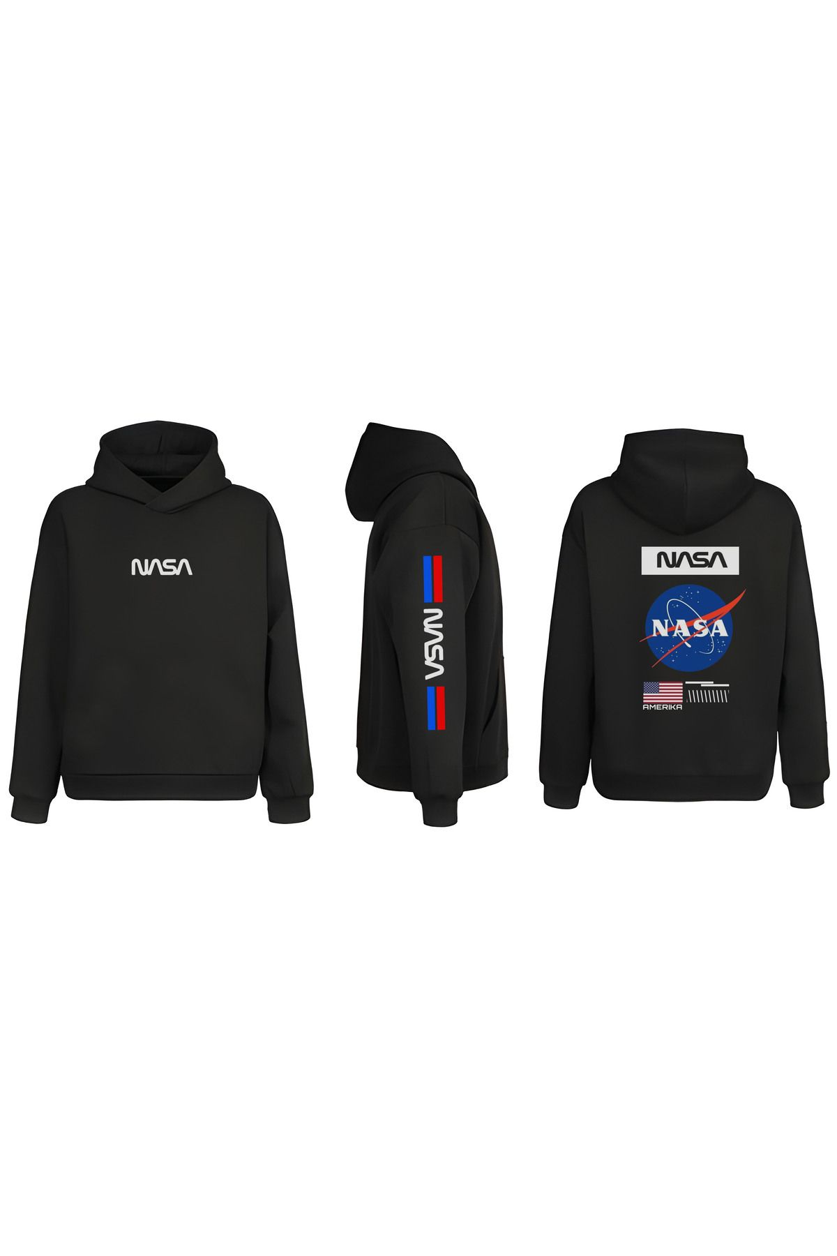 sielta Nasa Astronot Kol Baskılı Çift Taraflı Kapşonlu Unisex Siyah Sweathsirt Hoodie