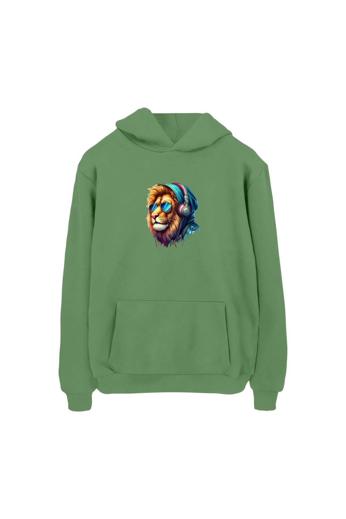 MODA Kulaklıklı Aslan Baskılı Hoodie