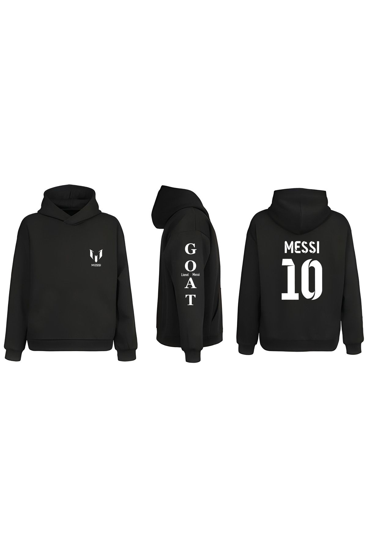 sielta Futbolcu Messi Kol Baskılı Çift Taraflı Kapşonlu Unisex Siyah Sweathsirt Hoodie