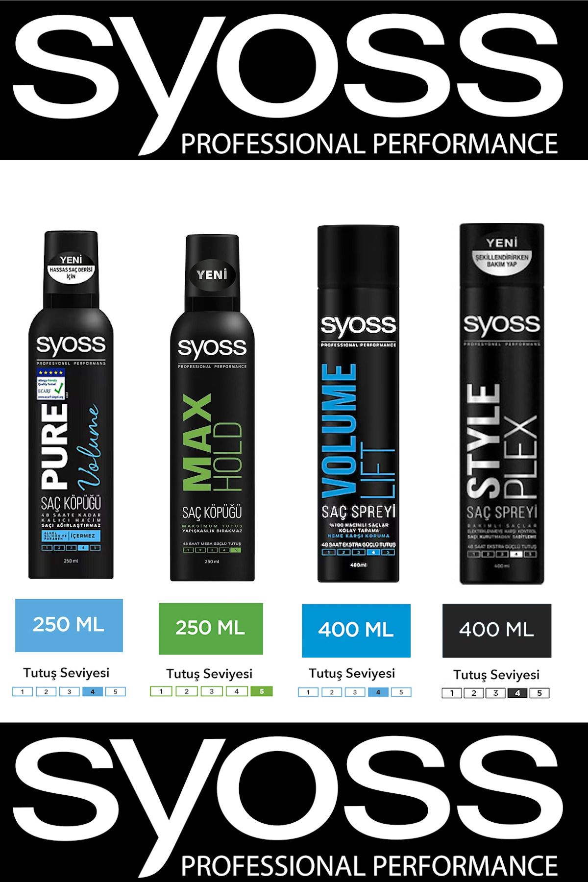 Syoss Pure Volume Saç Köpüğü 250ml +Max Hold Köpük 250ml +Volume Lift Sprey 400ml +Style Plex Sprey 400ml