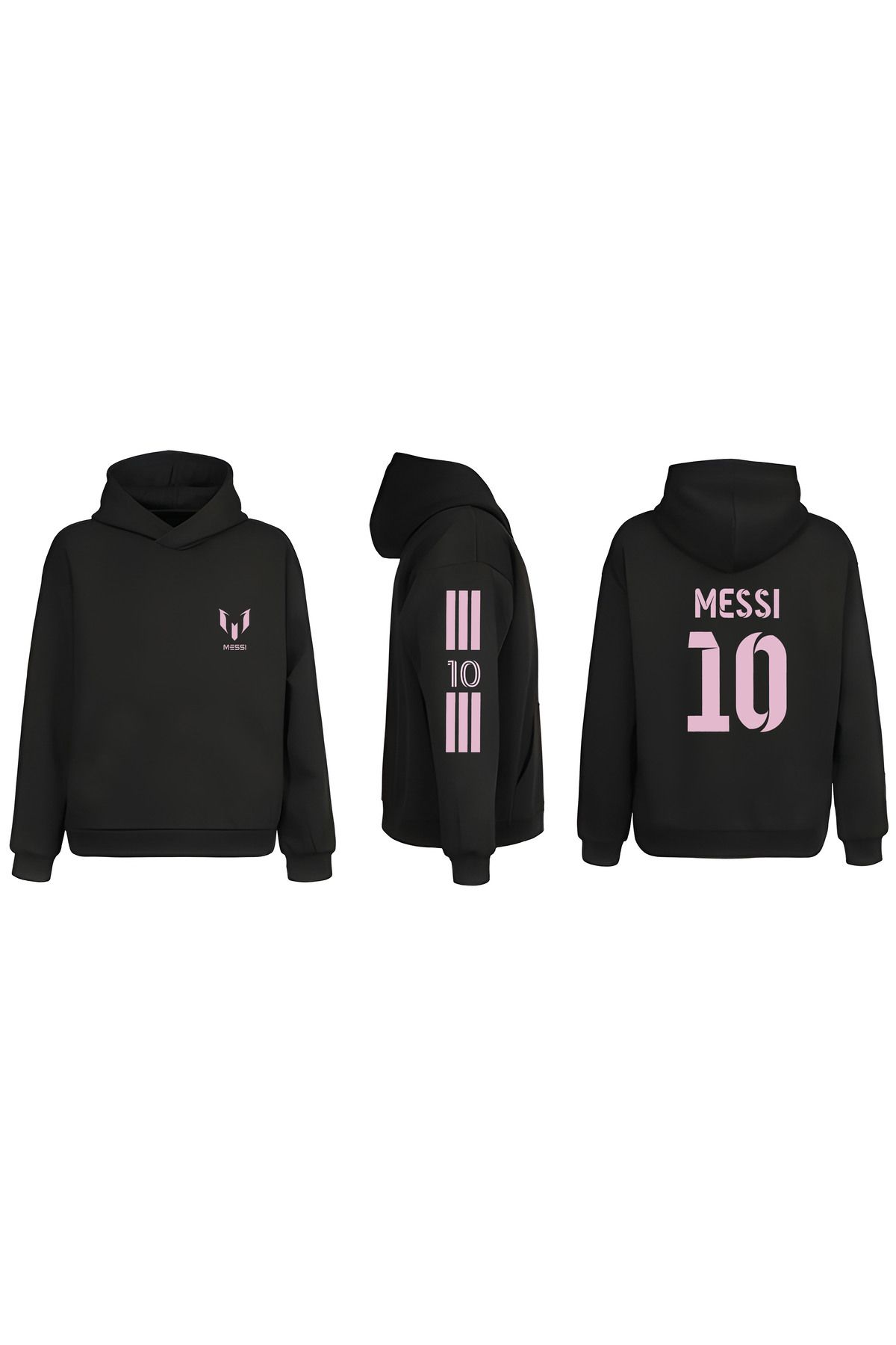 sielta Futbolcu Messi Kol Baskılı Çift Taraflı Kapşonlu Unisex Siyah Sweathsirt Hoodie