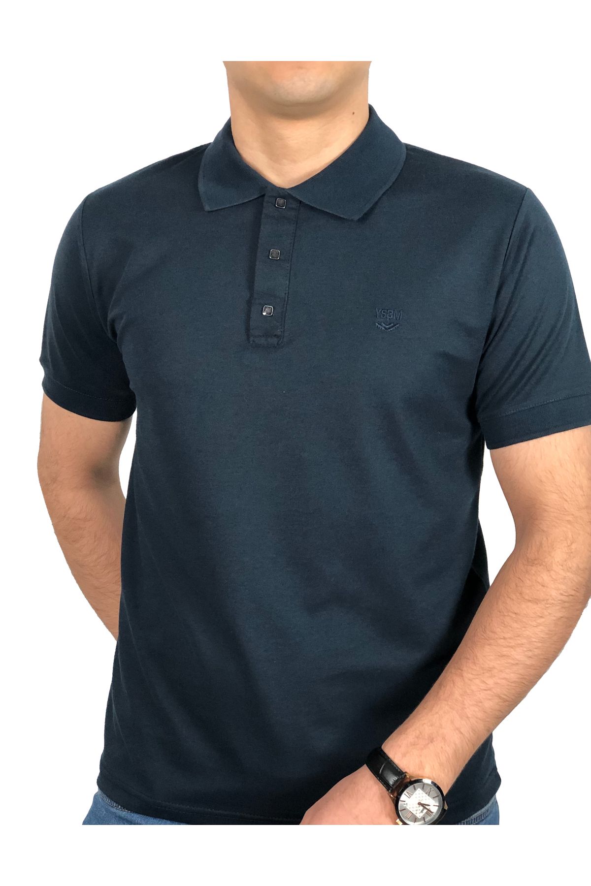 YSBM Erkek Lacivert Kıvrılmaz Polo Yaka Pamuklu Pike Dokulu Rahat Regular Fit T-shirt 8493