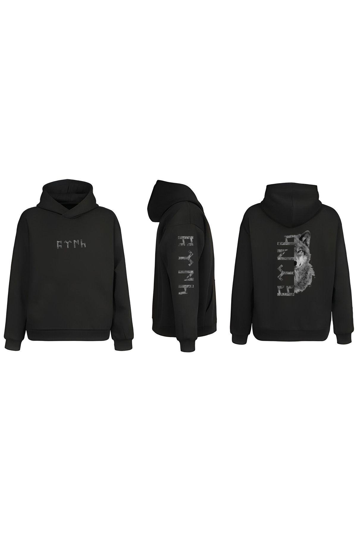 sielta Türk Bozkurt Kurt Kol Baskılı Çift Taraflı Kapşonlu Unisex Siyah Sweathsirt Hoodie