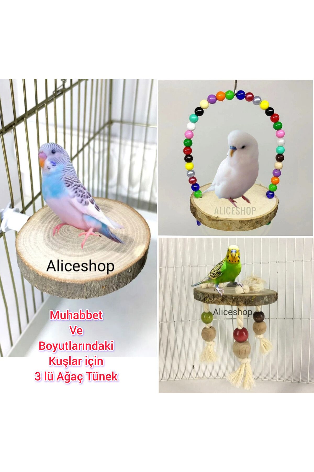 aliceshop Muhabbet kuşu ve boyutlarındaki kuşlar için 3lü set ağaç tünek salıncak