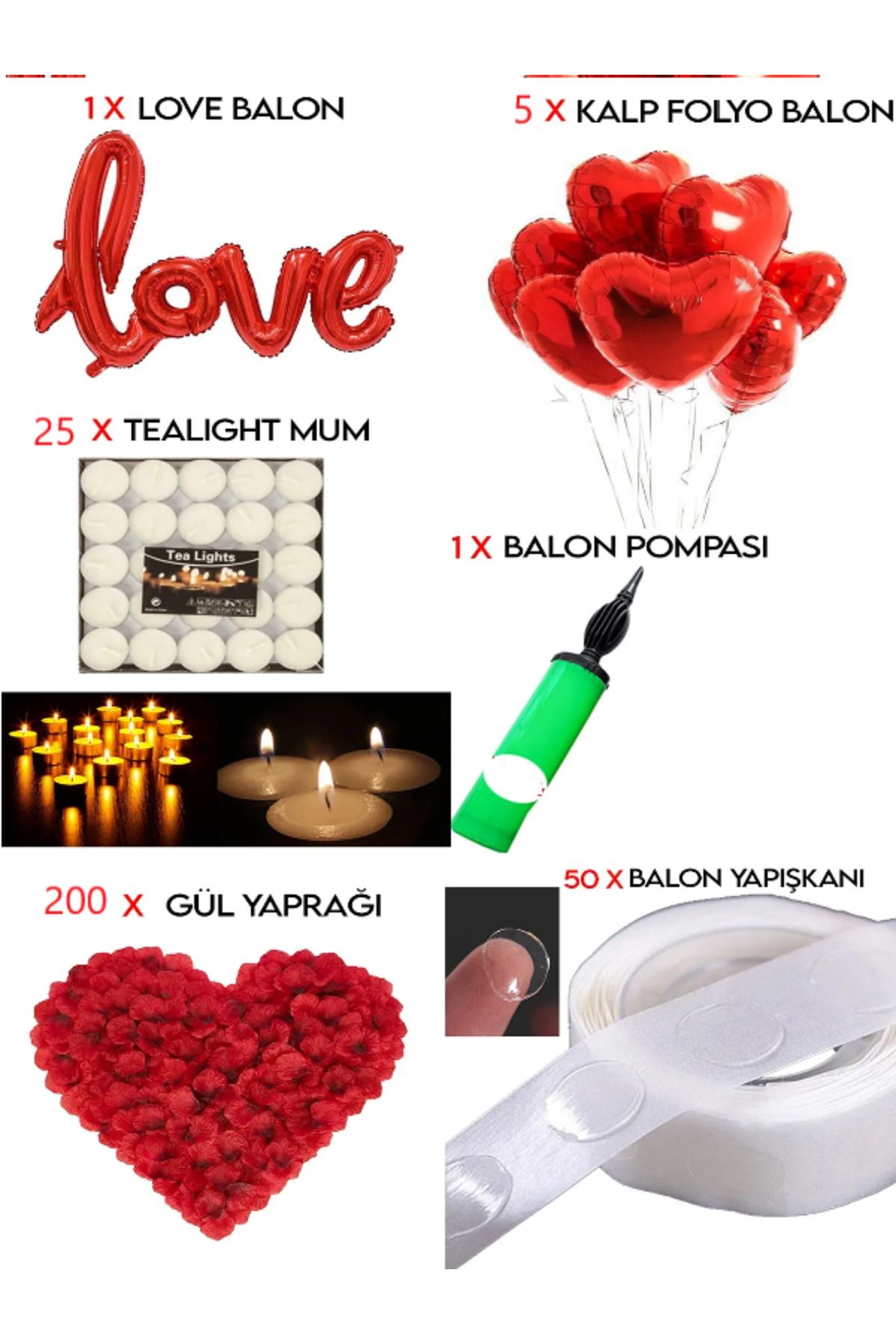 party mix Sevgililer Günü Set | Kalp Mum | Love Balon |Gül Yaprağı | Tealight Mum | Evlilik Teklifi Süsleme |