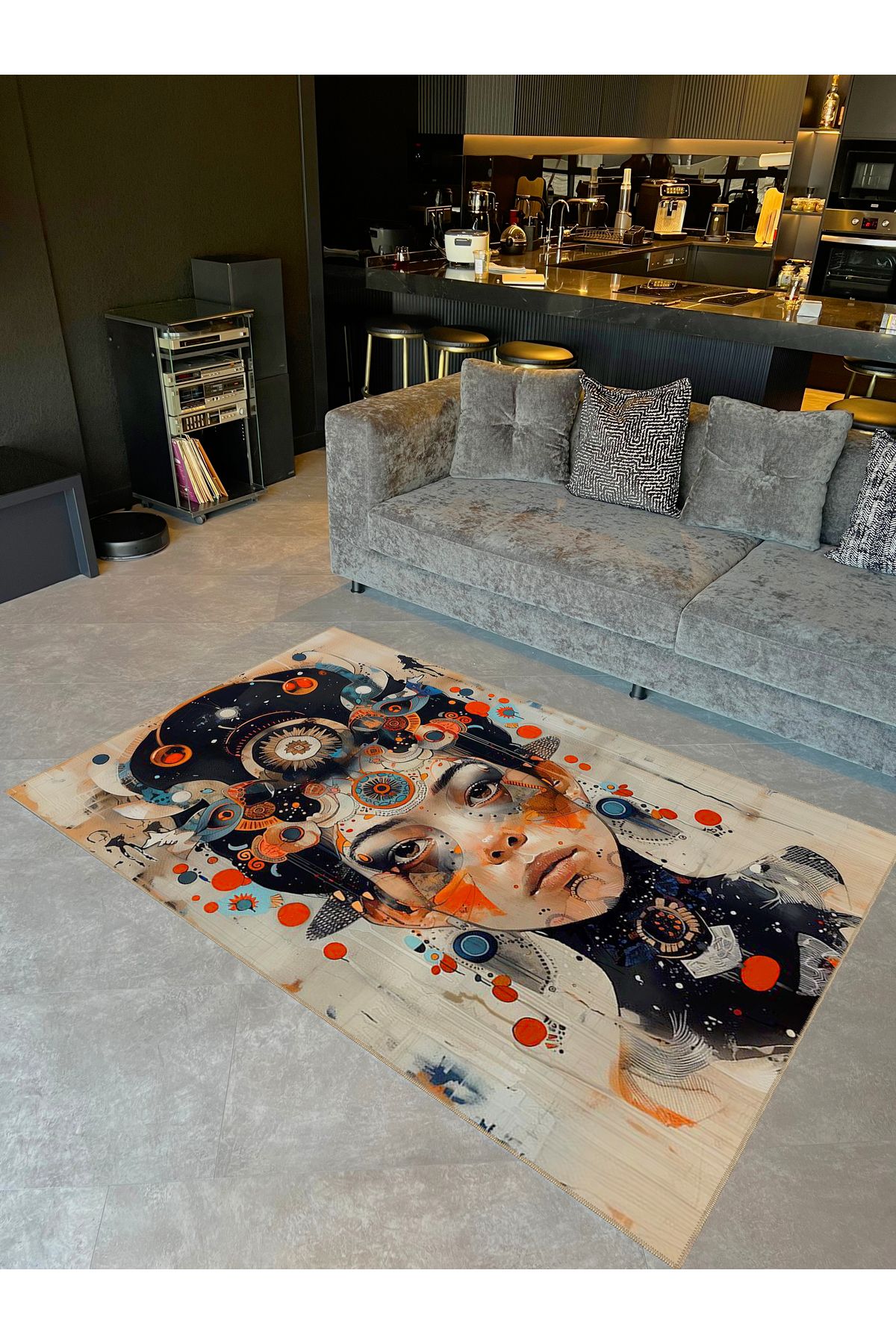 Rugs Modern Halı Semih Koleksiyonu Renkli Fütüristik Motifli Kadın Portre Desen Dokuma Taban Modern Dekoratif Halı 05