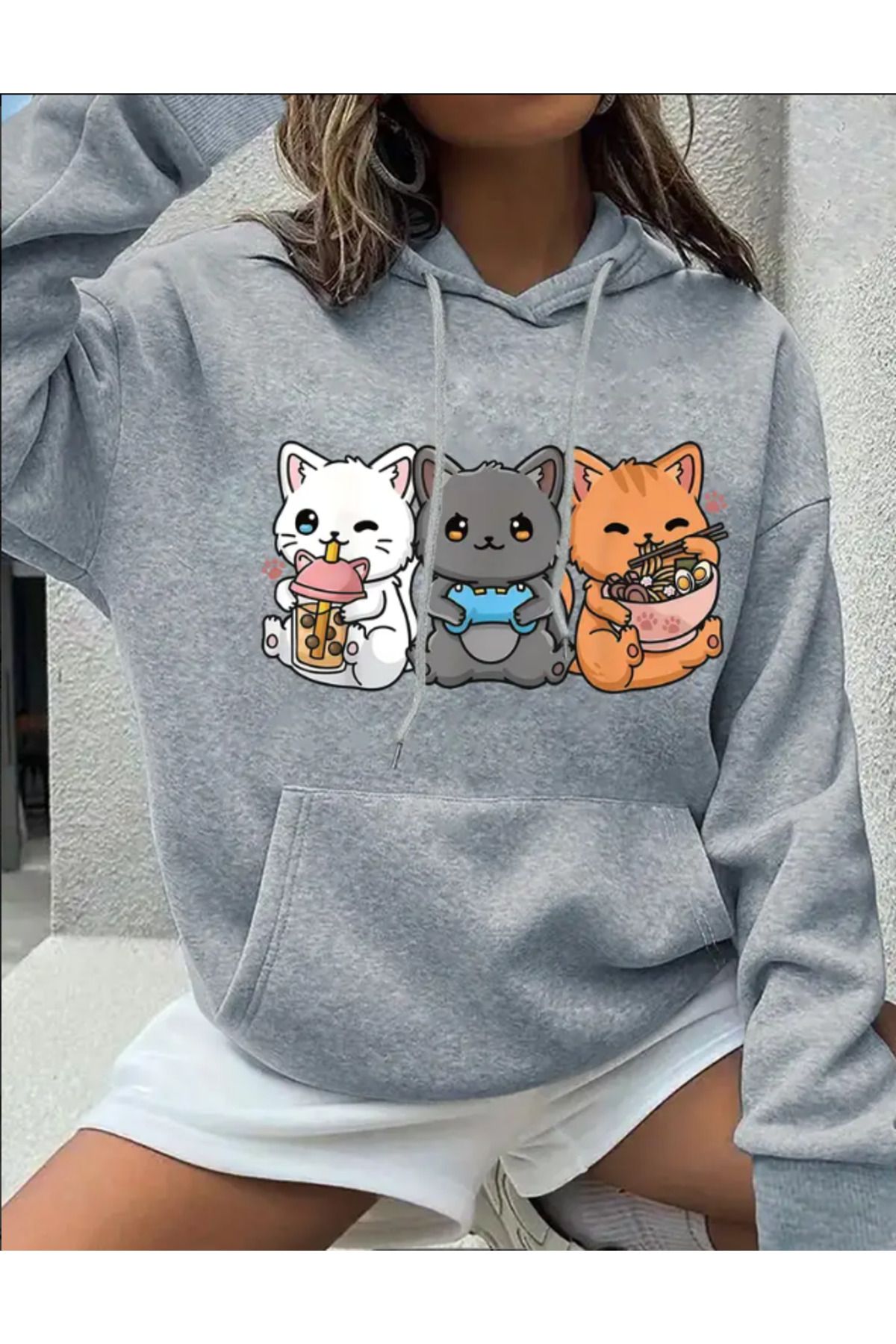 Marco Fresco Unisex Ramen Yiyen Kediler Baskılı Sweatshirt