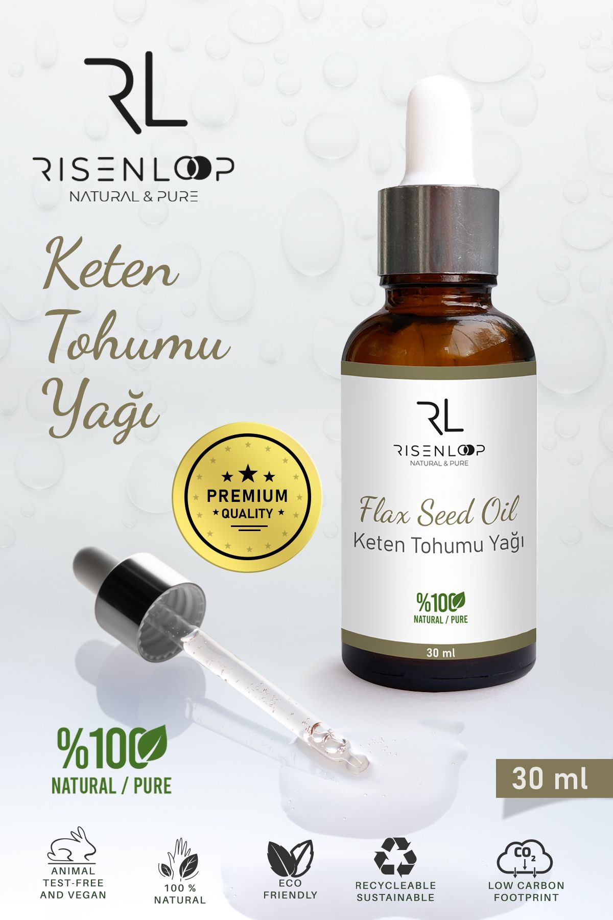 risenloop natural&pure Keten Tohumu Yağı %100 Saf Doğal Seyretilmemiş Soğuk Sıkım 30 Ml